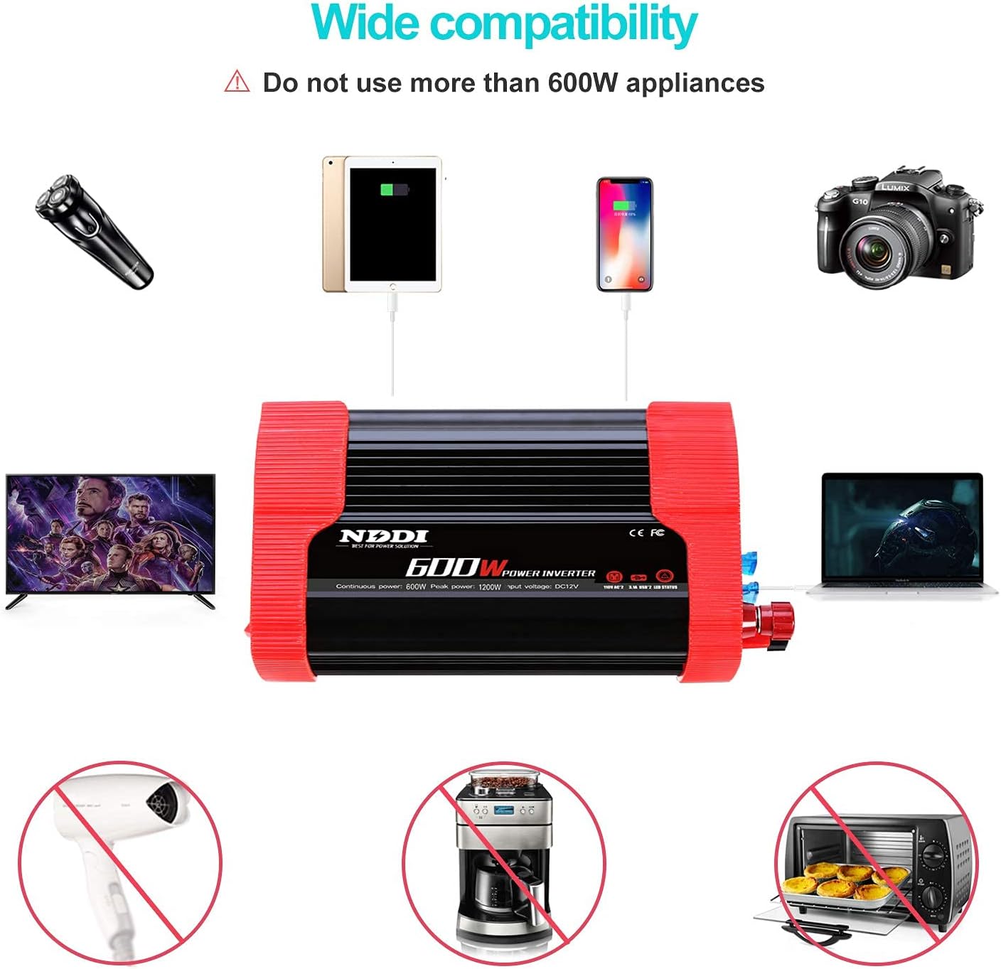 600W Car Power Inverter 12V DC to 110V AC Converter with 3.1 A Dual USB Quick Car Charger Adapter for Laptops and Smartphones