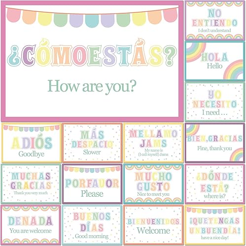 Juego de 16 pósteres de palabras y frases en español con frases en español, tablón de anuncios, decoración de aula de español para profesores,