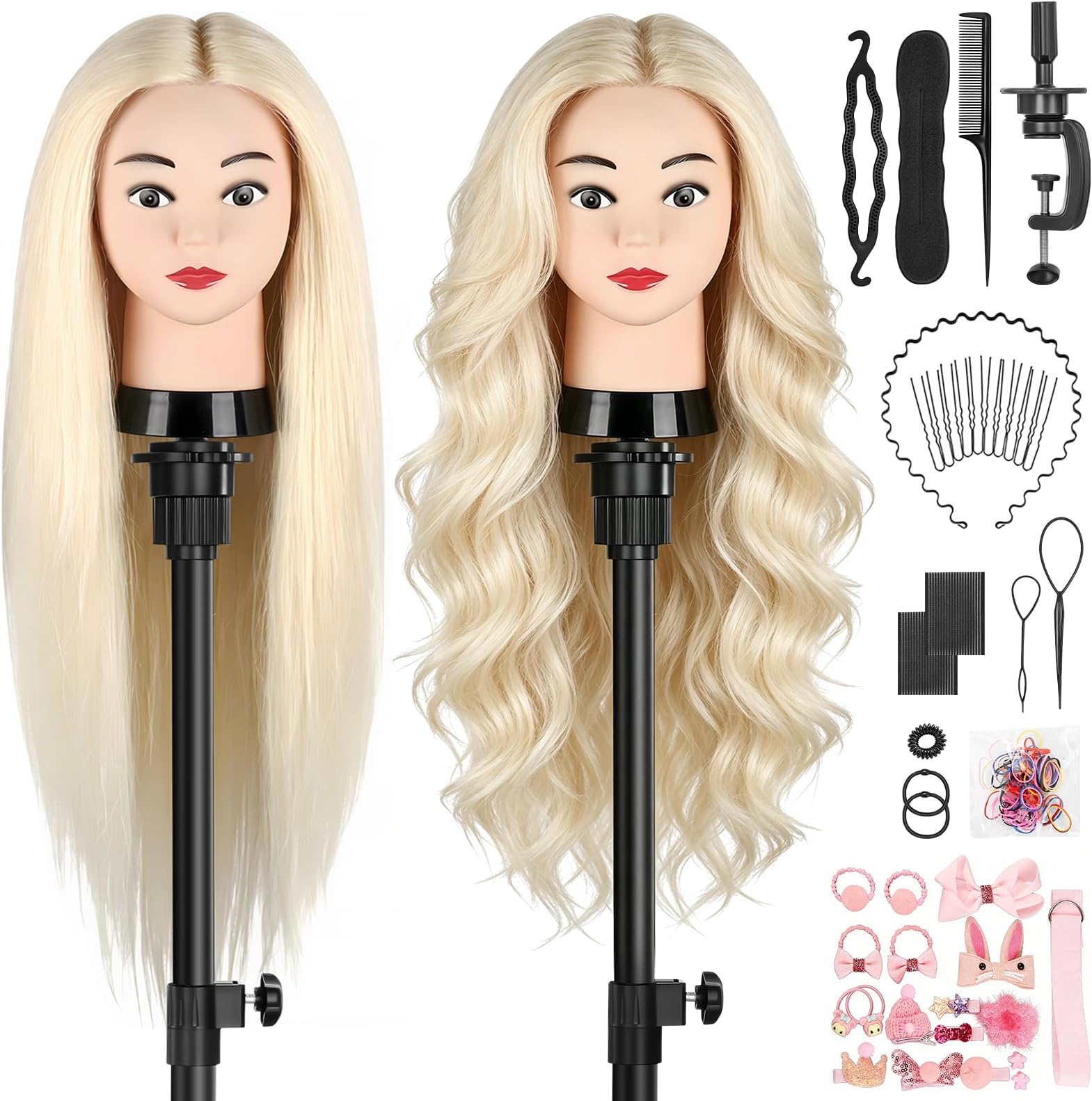TwoWin Hairdressing Training Head, 24 Inch 80% Real Hair Manikin Cosmetology Doll Head Mannequin Hair Styling with Clamp Stand and Accessories, Blonde, Suitable for Straightening, Curling, Perming