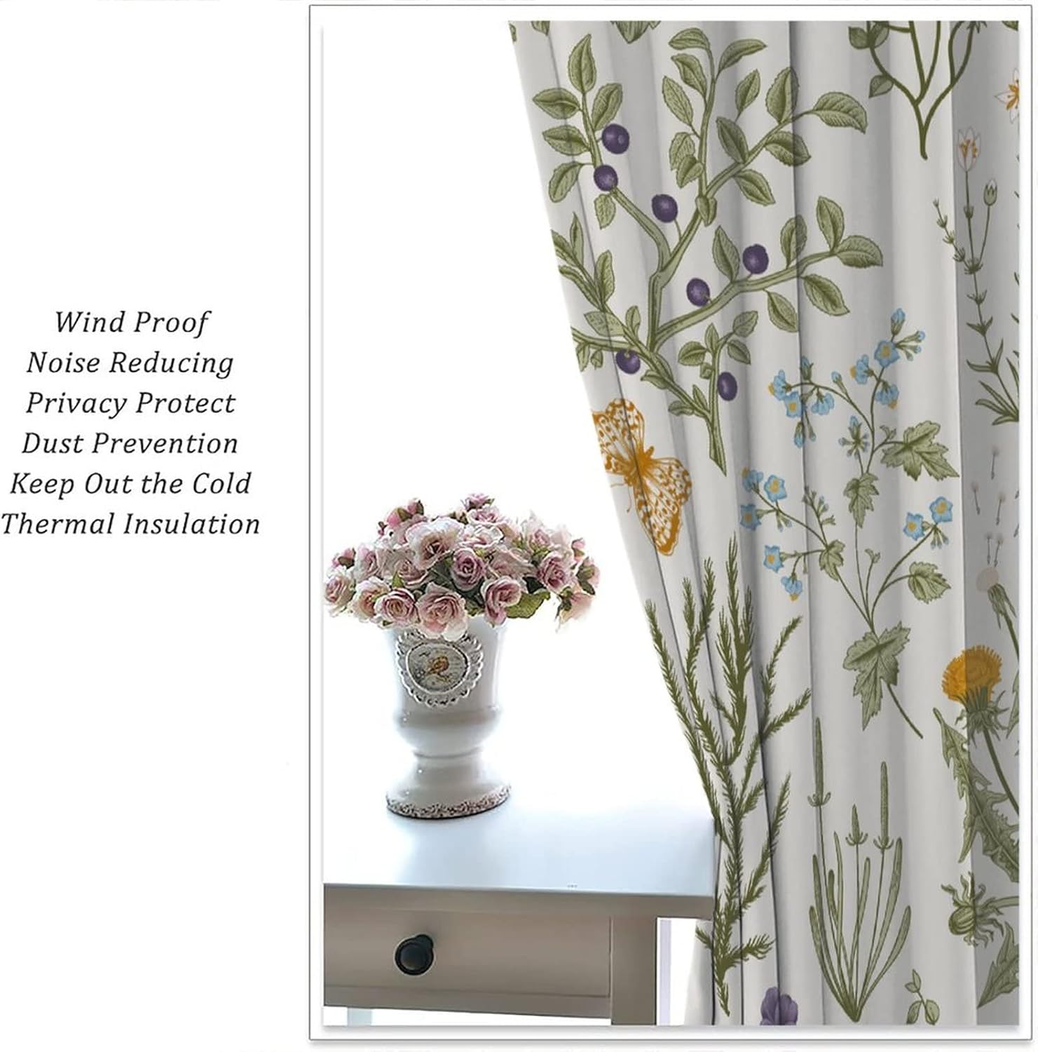 Floral Botanical Curtains, Spring Floral Botanical Butterfly in Natural Garden, Blackout Decorative Curtains for Bedroom Living Room, Set of 2 Panels,52X84 Inch