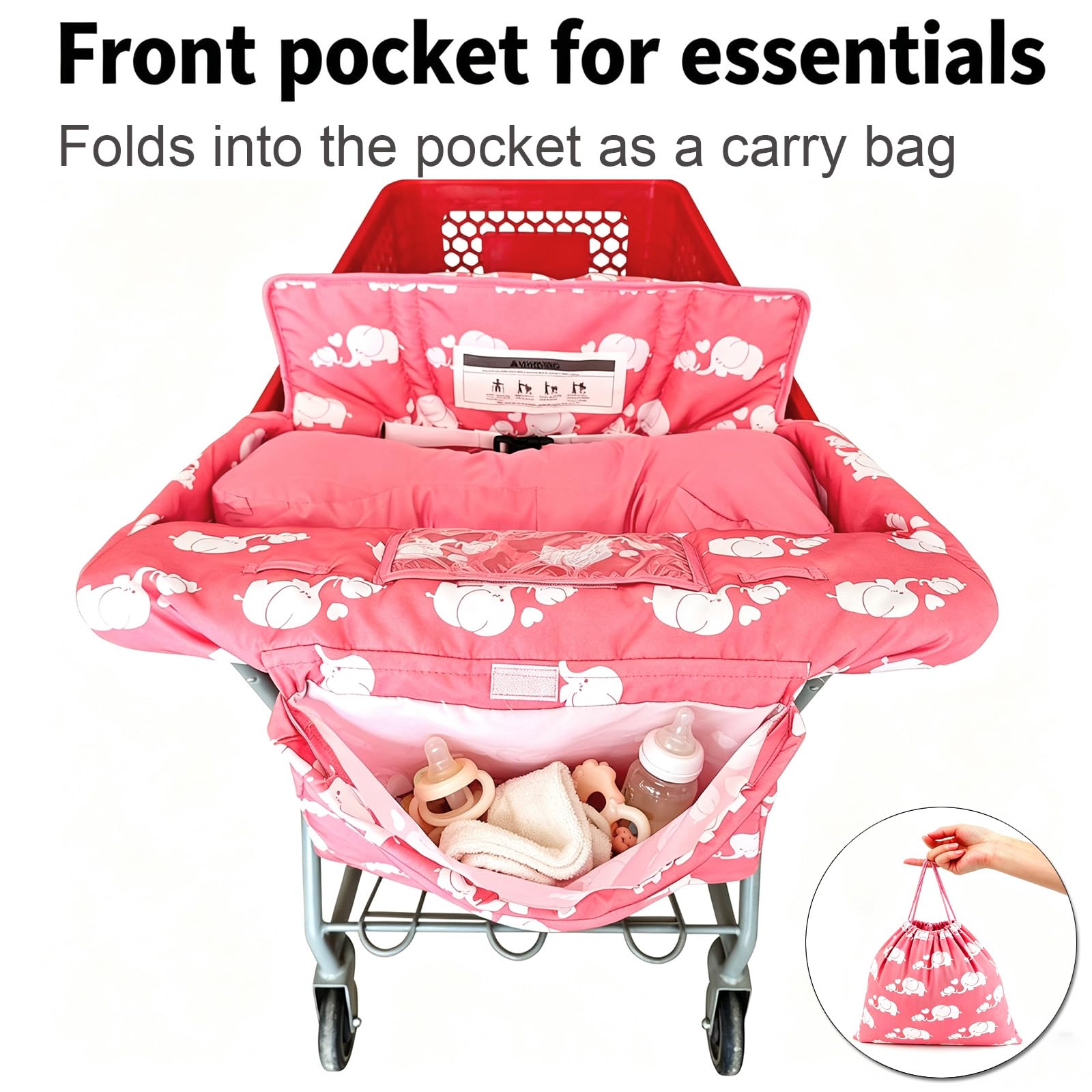 Cojín Suave 2 en 1 para Carrito de la Compra y Trona, Acolchado, Plegable, portátil, con Bolsa de Transporte Gratuita, Color Rosa
