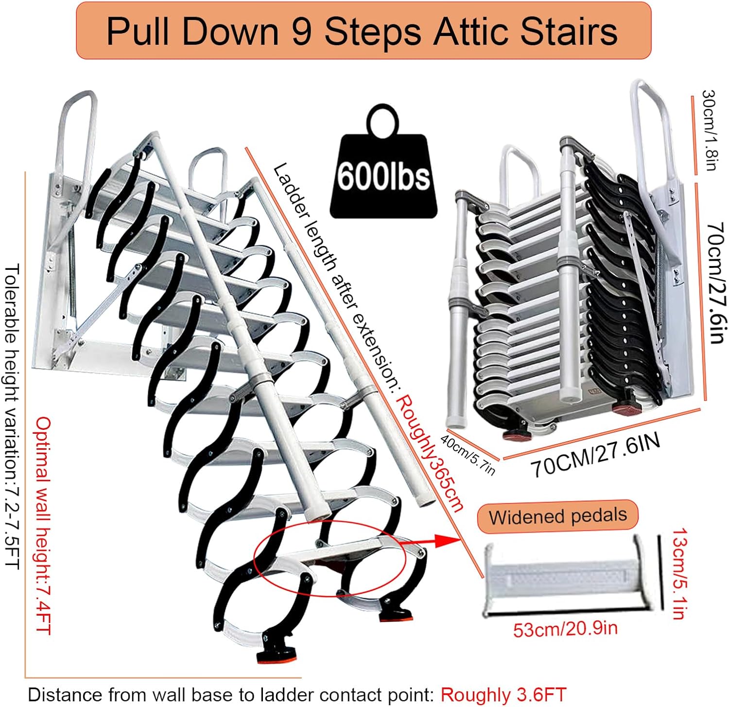 7.4FT Wall Mounted Retractable Attic Ladder, Folding Loft Stairs with 2 Handrails & Pull-Down System, Extra Wider Attic Stairs for Indoor, Garage, Basement, Storehouse, 660lb Load (Step 9)