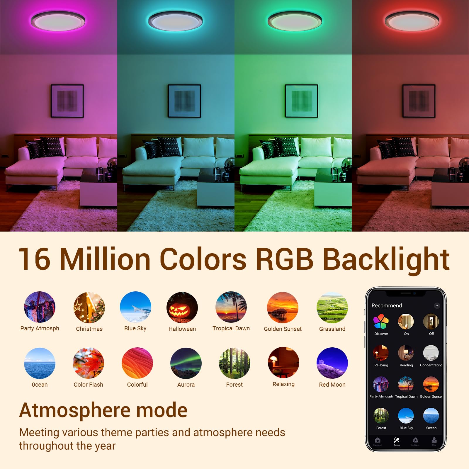 17.5 Inch Smart RGB Flush Mount Ceiling Light, Compatible with Alexa & Google Assistant, Black Gold Edge Design, Halloween Decor Large Ambient Kids Room Light Fixture for Bedroom Living Room Playroom