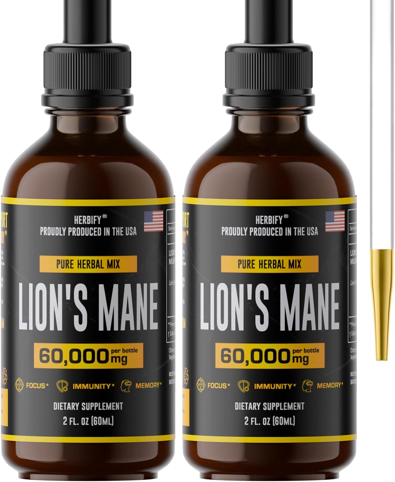 HERBIFY Lions Mane Mushroom Supplement - Immune Support - Lions Mane Tincture for Memory, Focus & Clarity - Daily Mushroom Supplement - 2 Fl oz 2 PackUSDA Organic