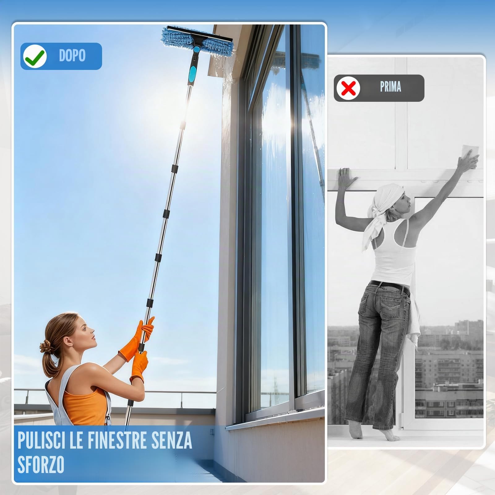 Kit Pulizia Vetri (asta 3,85 m), Tergivetro 2-in-1 con 10 aste telescopiche in acciaio inox, panni in microfibra e spazzole per fessure per finestre alte e vetri auto