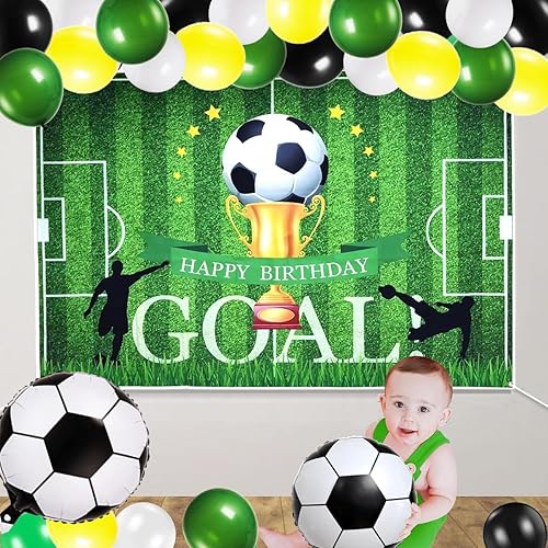 Miniatura 5 de Juego de decoraciones de fiesta de cumpleaños de fútbol para niños, decoraciones de fiesta temática de fútbol, globos de fútbol, telón de fondo de