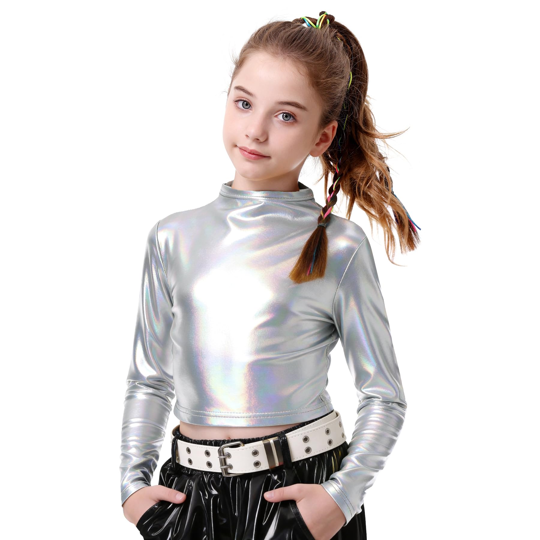 LOLANTA Metallic Cropped Top für Mädchen, halber Rollkragen, funkelndes Tanzshirt für Hip-Hop, Disco, Bühne & Party