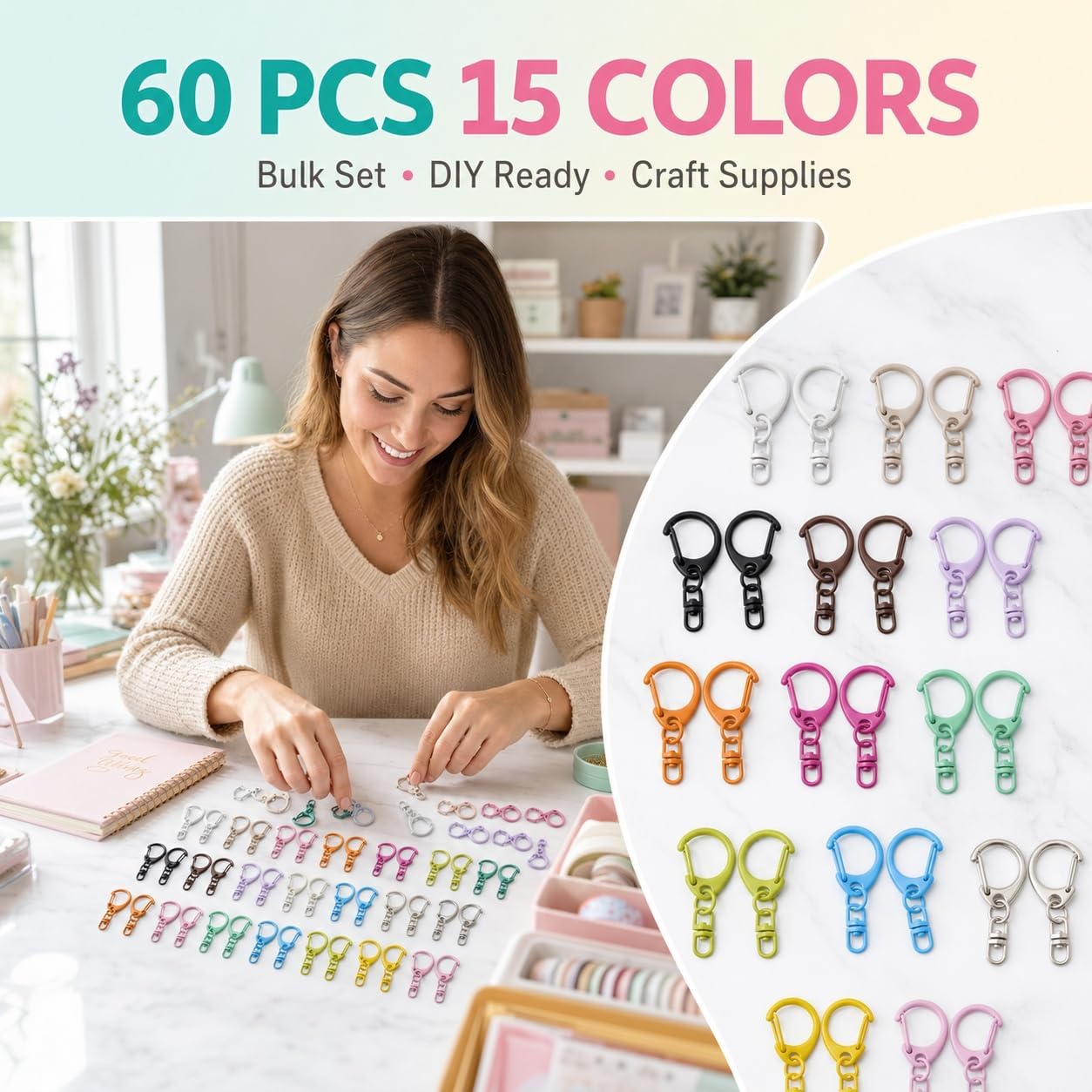 60PCS D-Shape Swivel Lobster Clasps Keychain(Colorful D-Ring) image 2