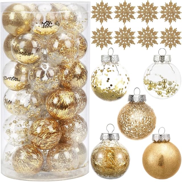 HAUSPROFI 38Pcs Christmas Baubles Snowflake Set, 60mm Clear Fillable Balls Ornaments, Xmas DIY Transparent Baubles with Stuffed Delicate Decorations, Gold (Combo of 30pcs Baubles and 8pcs Snowflake)