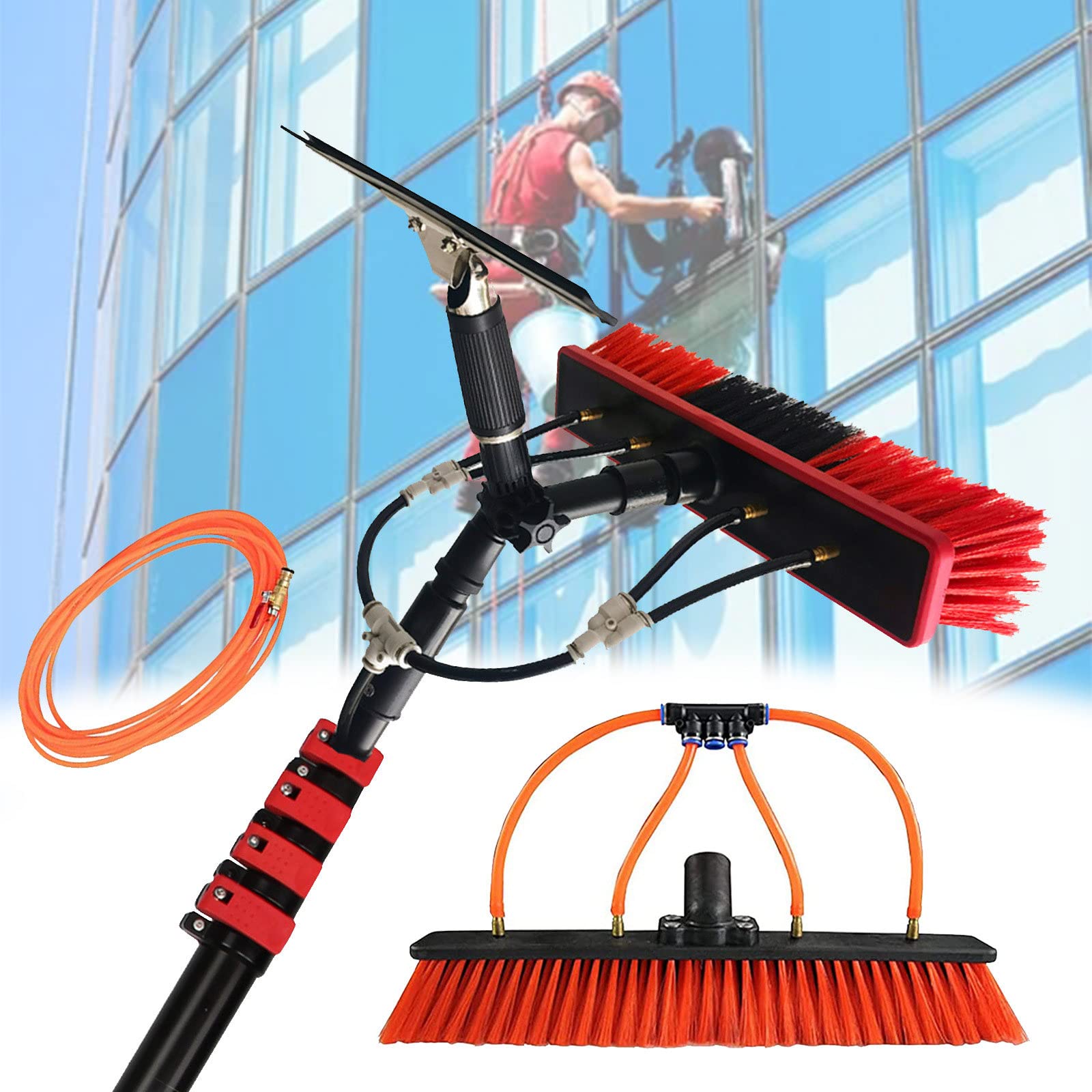 Brosse télescopique alimentée en eau en aluminium avec raclette et tuyau de 20m pour vitre