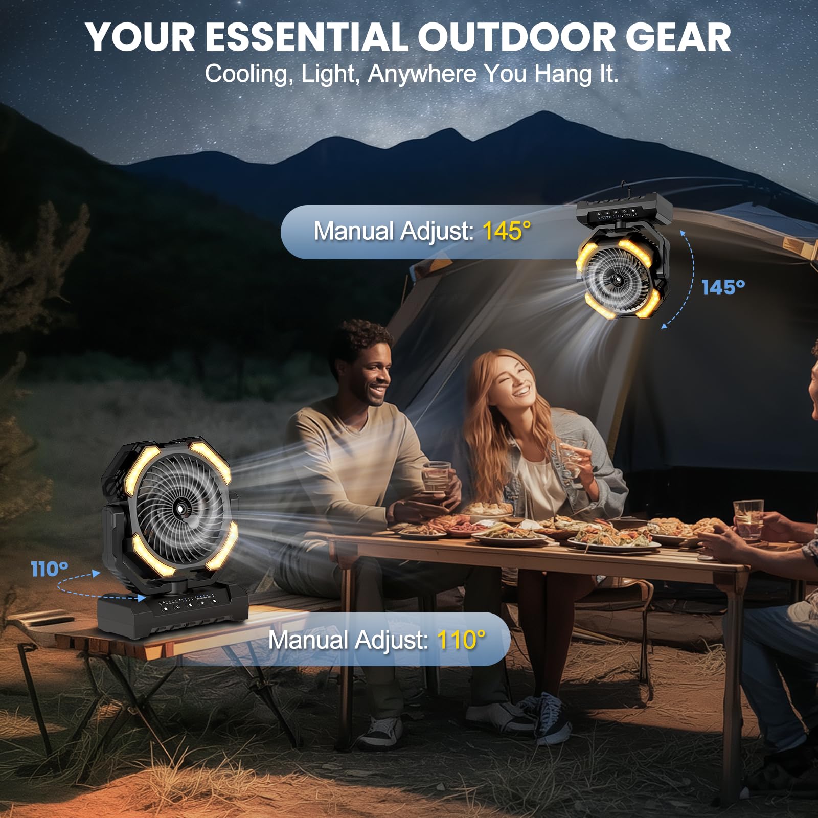 Ateroll 20000 mAh Akku Camping Ventilator mit Sprühnebel, USB Ventilator mit Fernbedienung, LED, Aufhängehaken Tischventilator