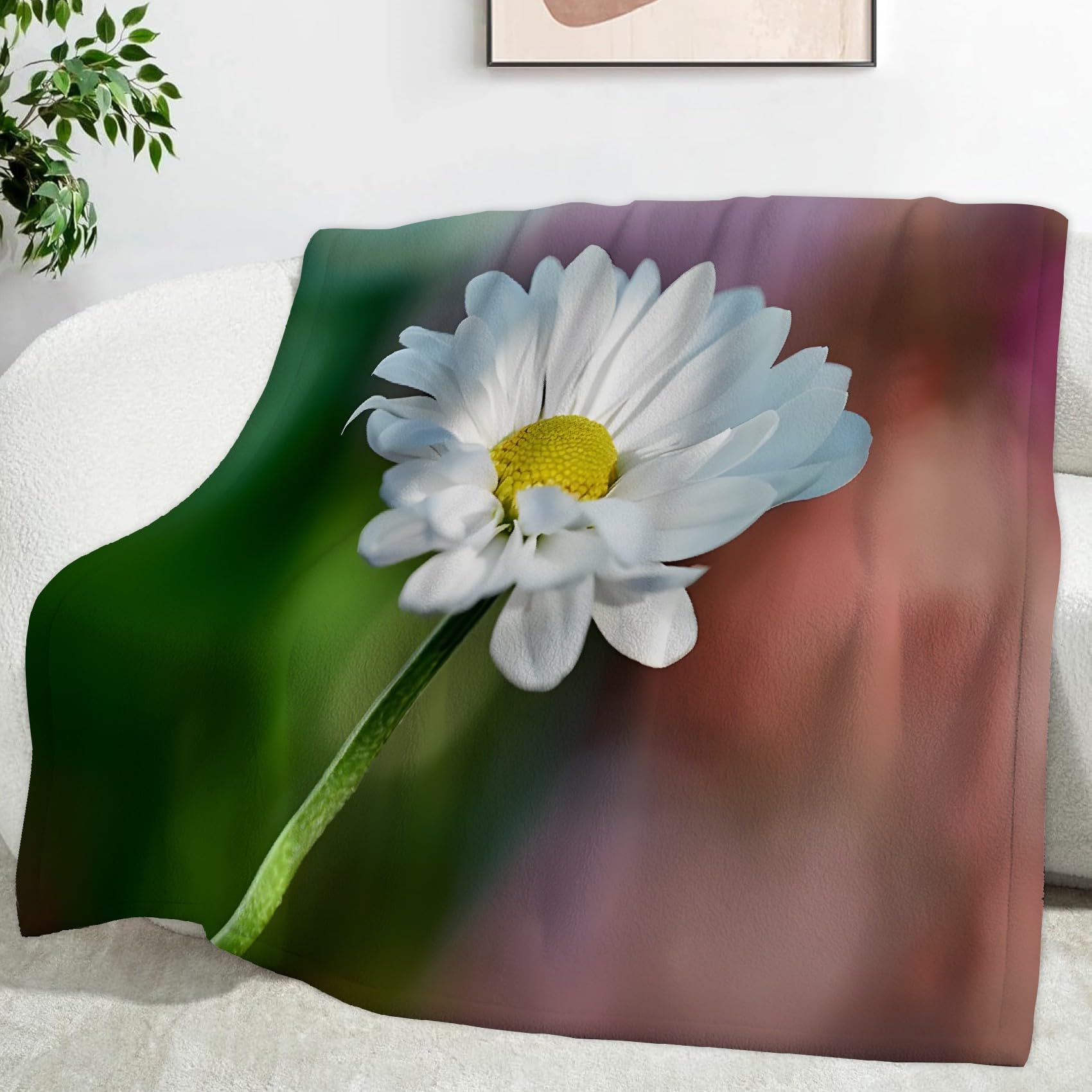 Ypthriline White Chrysanthemum Blanket, Fresh Realistic Style Microfiber Flannel Throw Blanket, Comfortable Soft Fluffy and Warm, Blankets for Beds, Sofas and Recliners, 220×240 CM