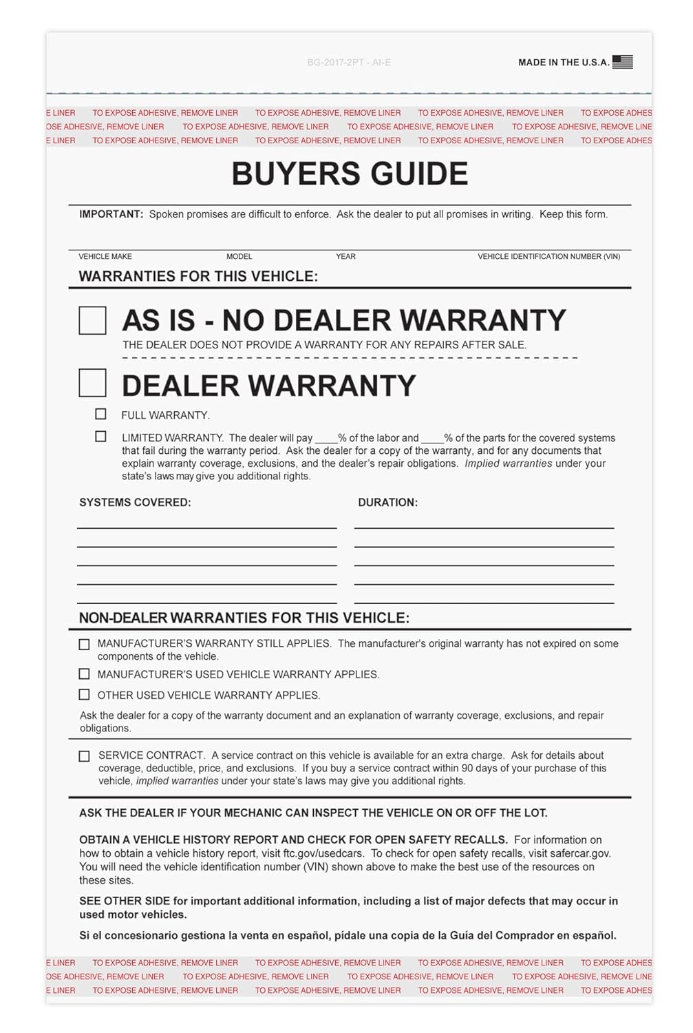 Donkey Auto Products 2 Part Buyers Guide Form - Adhesive Tape - English - As is - Warranty (100 per Pack) (2026 Version)