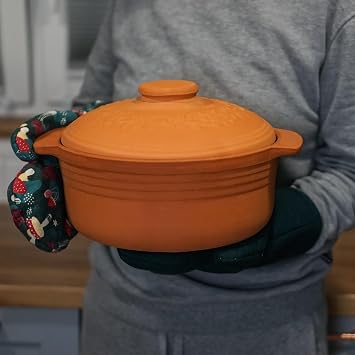 Browin 770612 Pan with Lid 4 L for Bread Baking Meat Roasting Cooking Without Fat, Terracotta, Brown