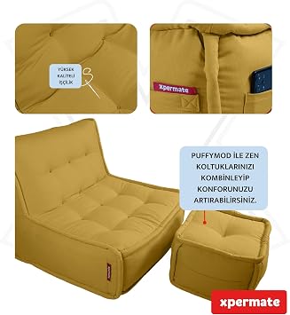 XPERMATE PuffyMod Dekoratif Kare Puf Orta Sehpa Ayak Uzatma Puf 40x32 cm (Hardal)
