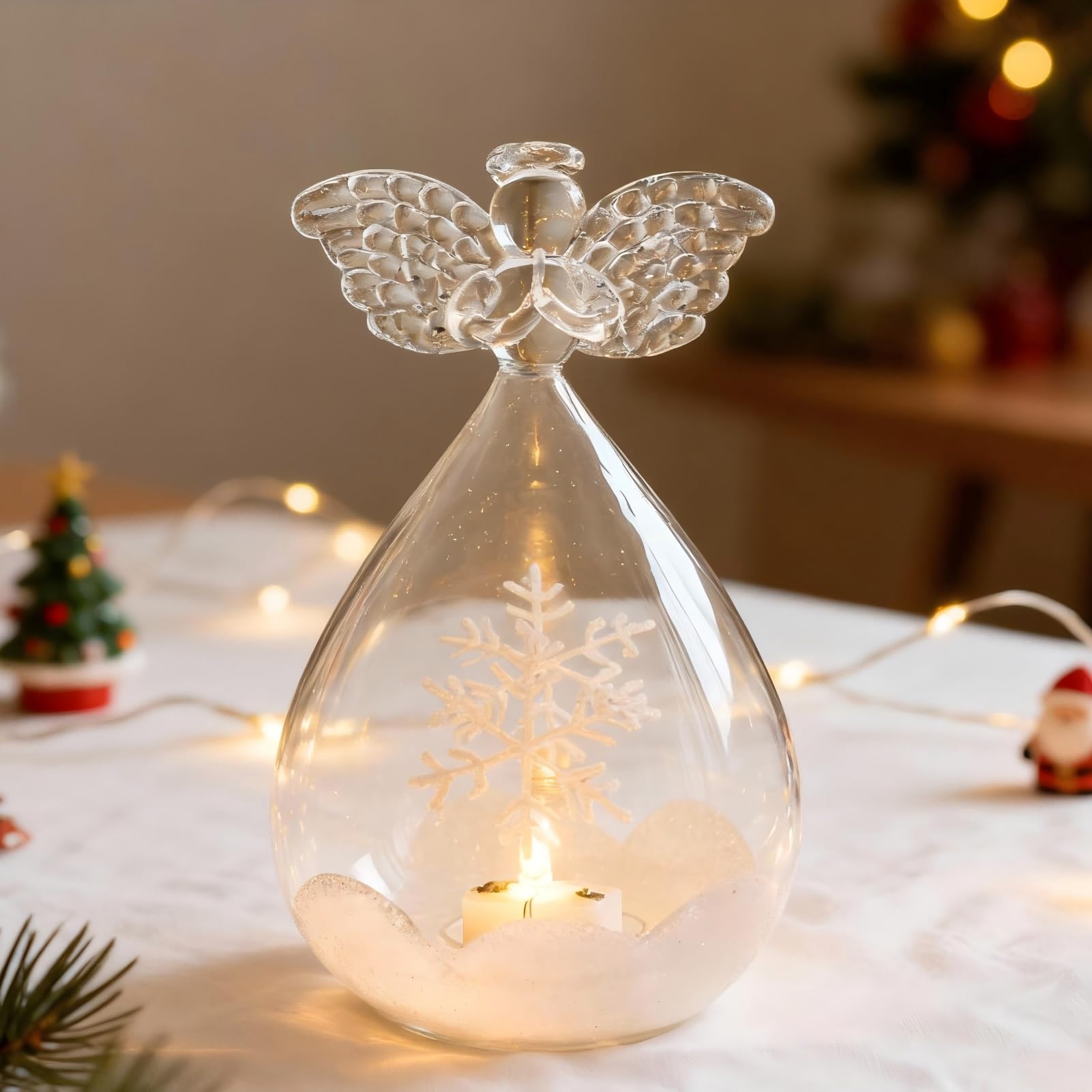 Figura de ángel con luz LED, decoración navideña, figuras de cristal, LED de ángel de Navidad iluminado, batería, decoración navideña, figuras de ángeles de la guarda, pequeñas (juego)