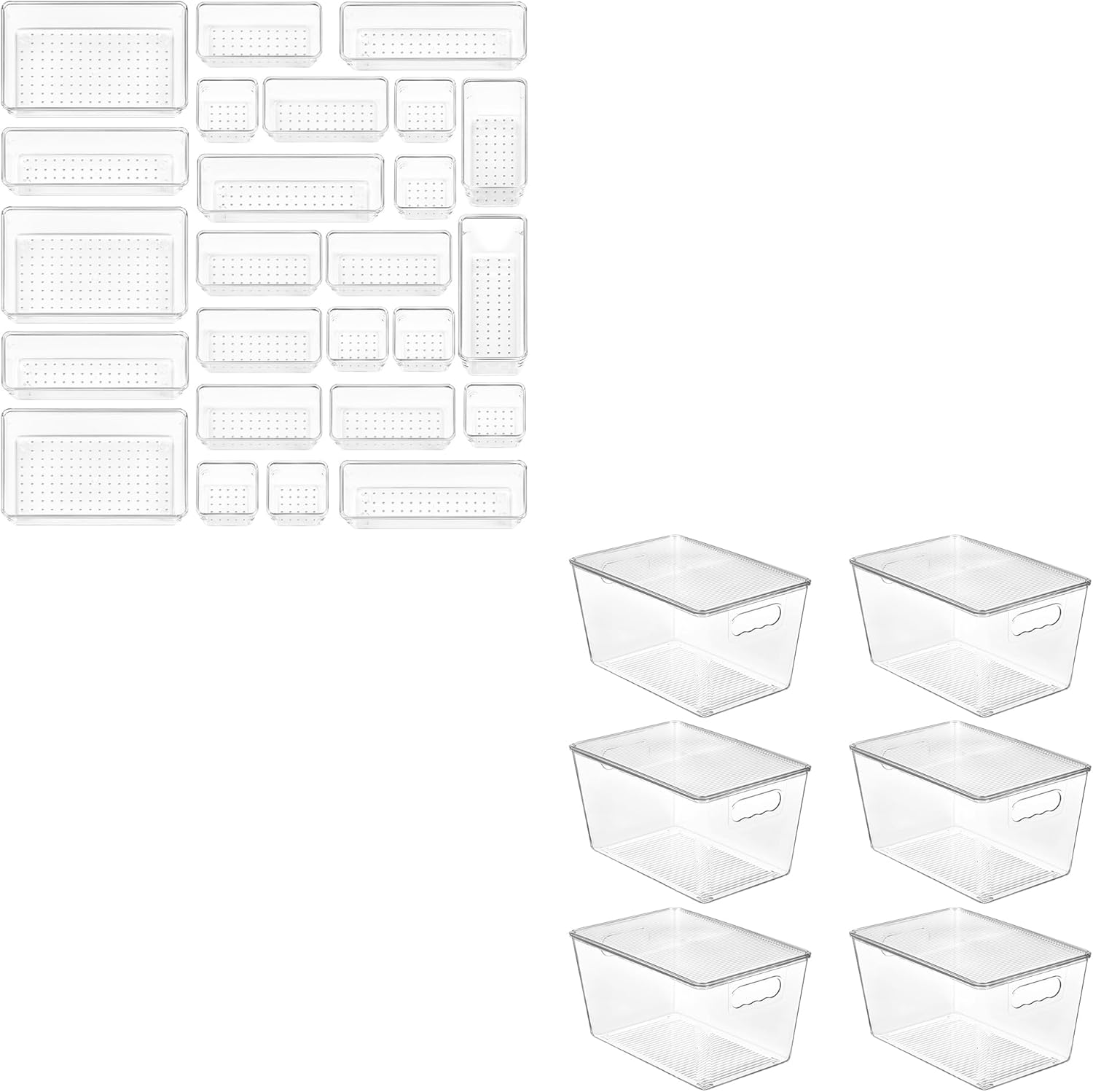 Vtopmart 25 PCS Clear Plastic Drawer Organizers Set and 6 Pack Clear Stackable Storage Bins with Lids
