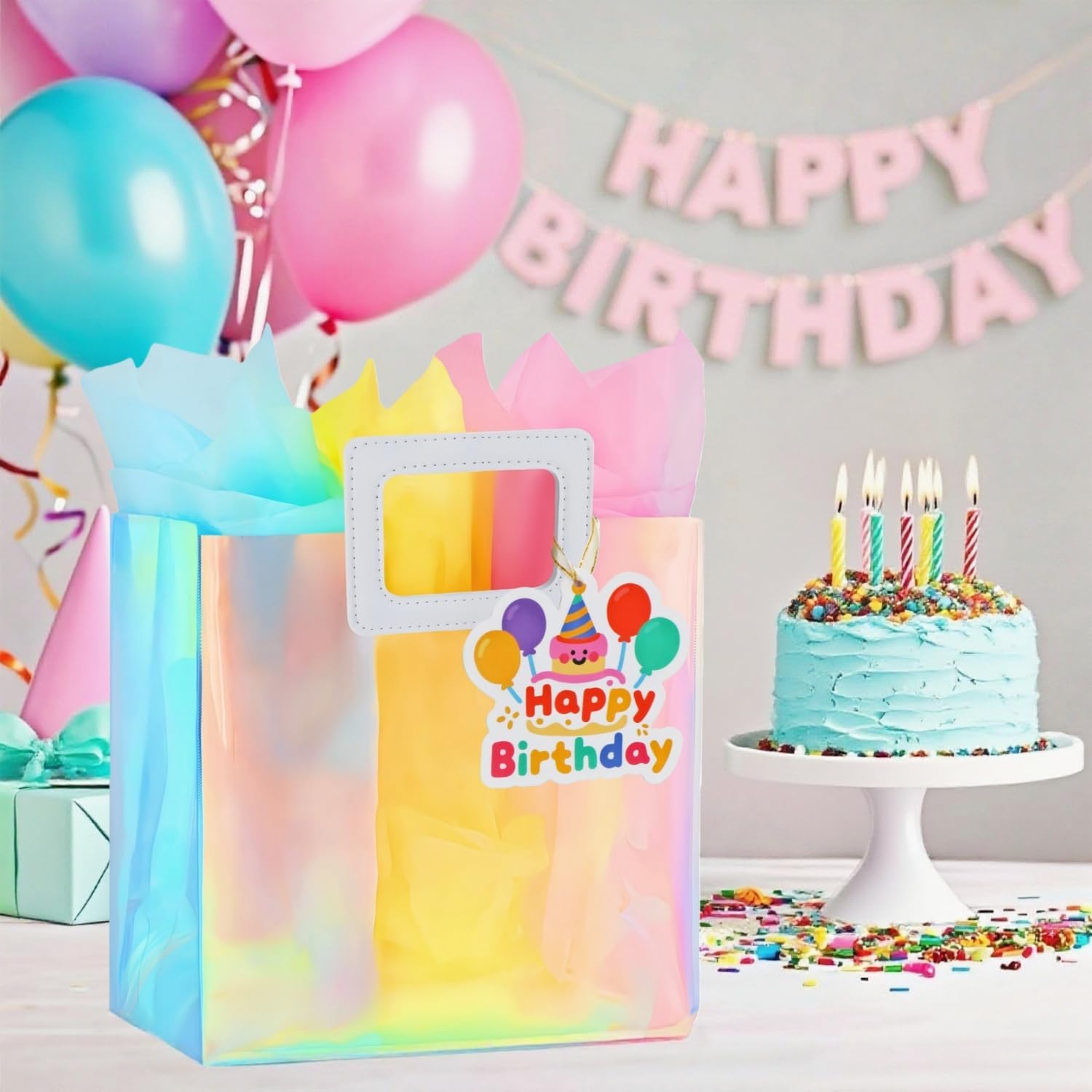 VUOJUR 8.3'' Iridescent Small Birthday Gift Bag with Tissue Paper(Colorful) image 2