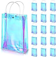 Vista 8 de Sherr 16 piezas bolsas de regalo pequeñas holográficas reutilizables iridiscentes transparentes para mujeres, portador de plástico de PVC con asas