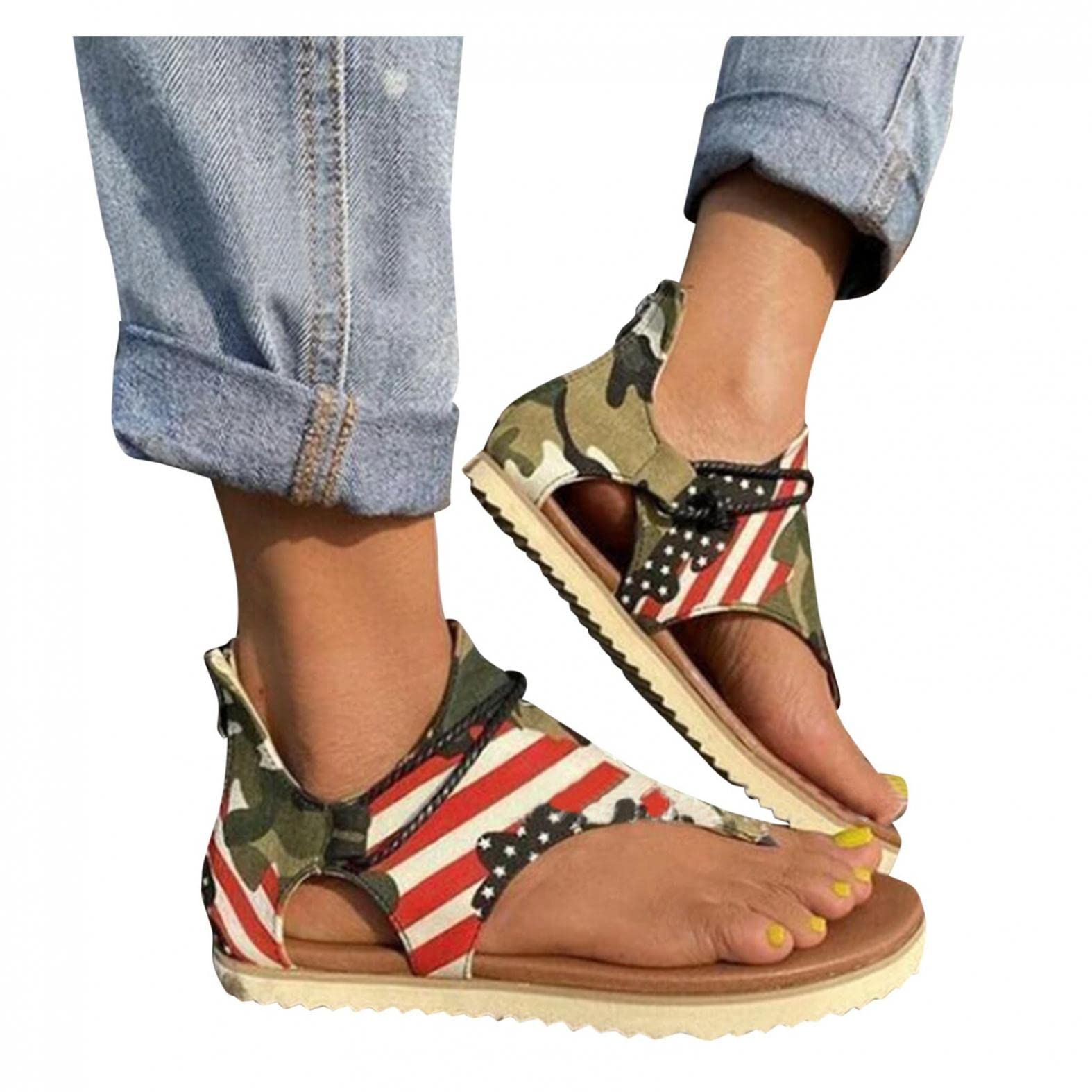 Hbeylia Sandals for Women Fashion Roman Open Toe Low Wedge Floral Sandals with Back Zipper Summer Beach Dressy