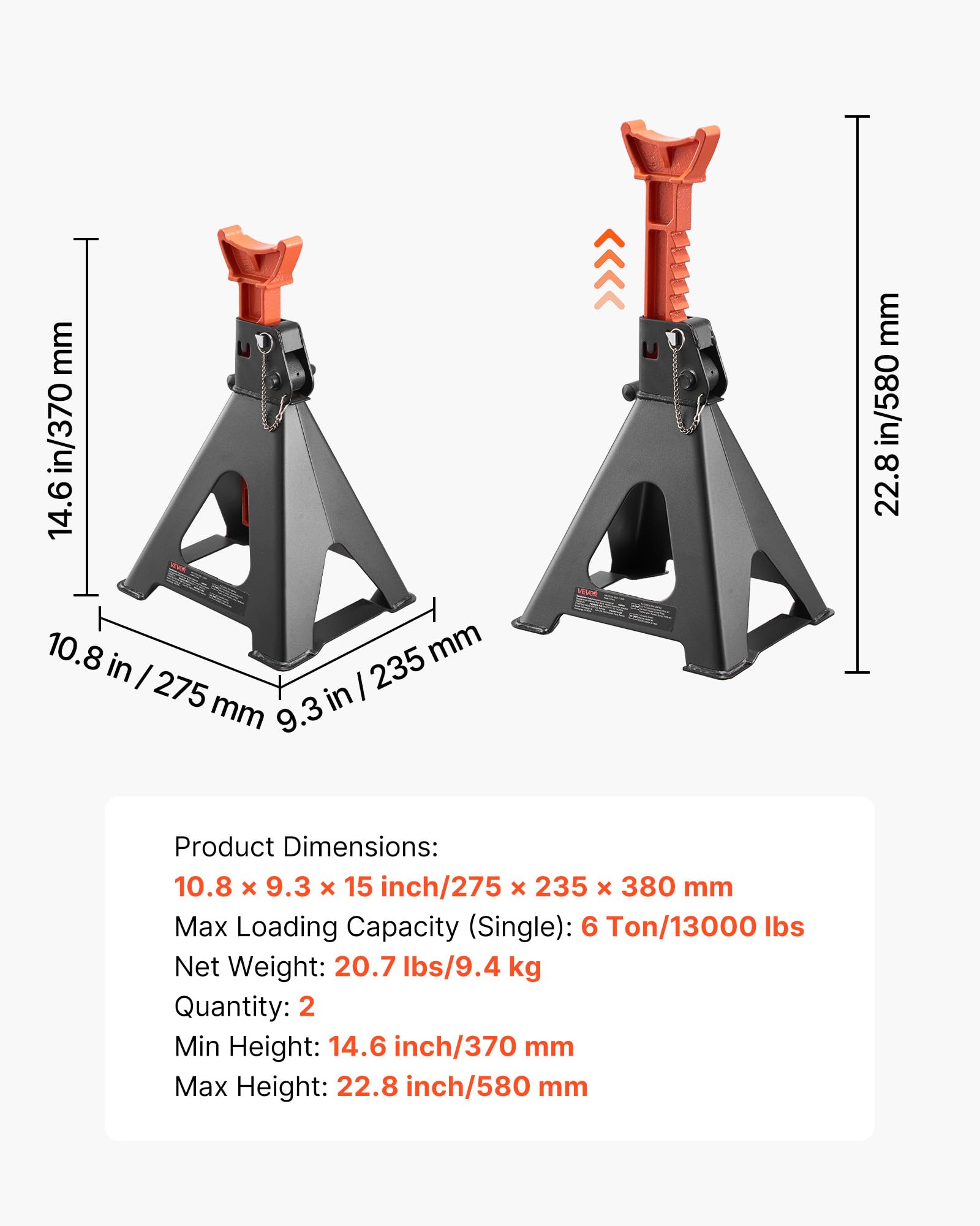 VEVOR Caballetes para Coches Capacidad de 6 t, Gatos Estabilizadores Altura Ajustable de 370-580 mm, de Acero Resistente con Doble Bloqueo para Levantar SUV, Camionetas, Automóviles, UTV/ATV, 1 Par