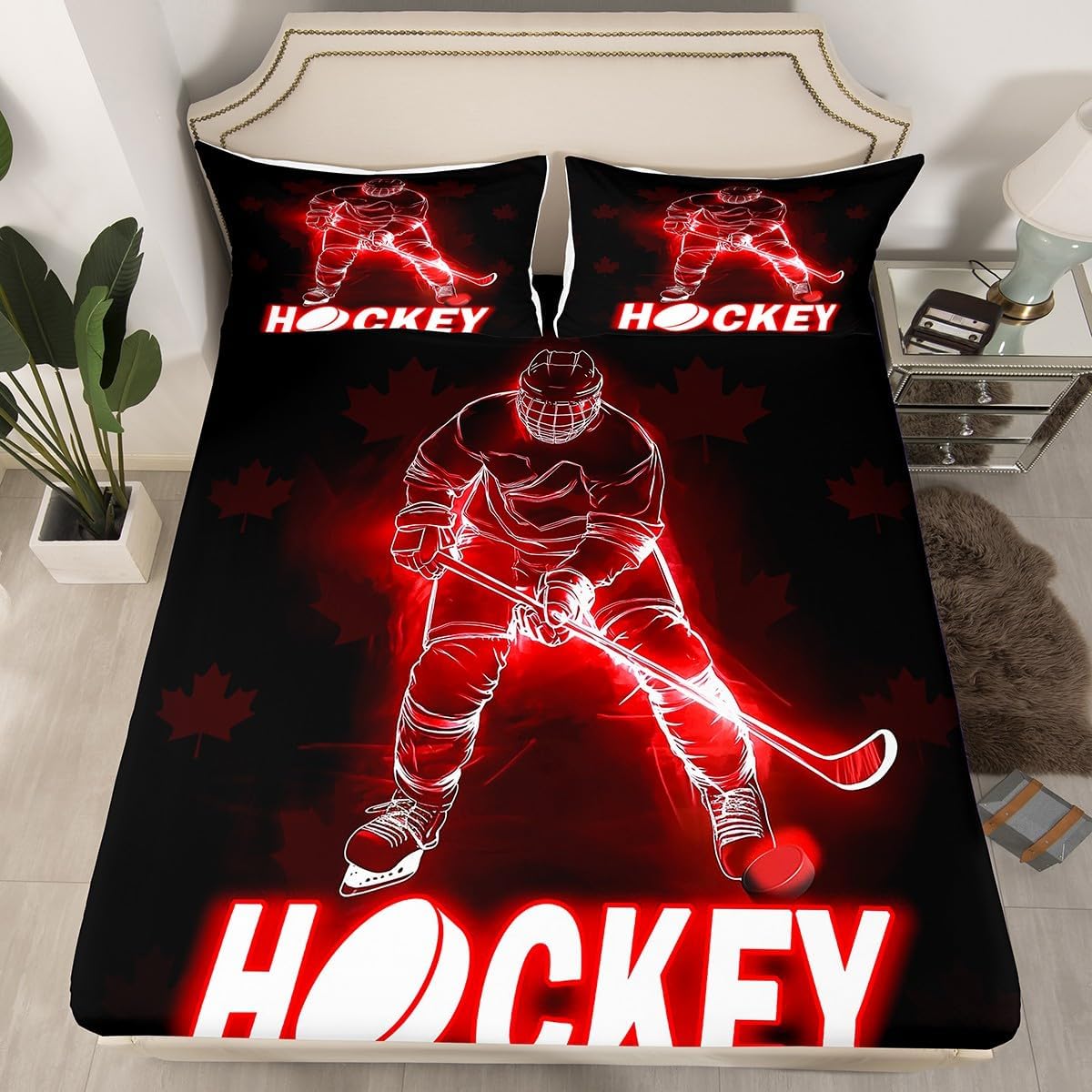 Ice Hockey Fitted Sheet Gifts for Boys Teen,Pucks Winter Sports Games Theme Sheets Full,Ball Competitive Games Bed Sheets,Hockey Player Bed Set Glowing Glitter Lightning Decor Red and Black