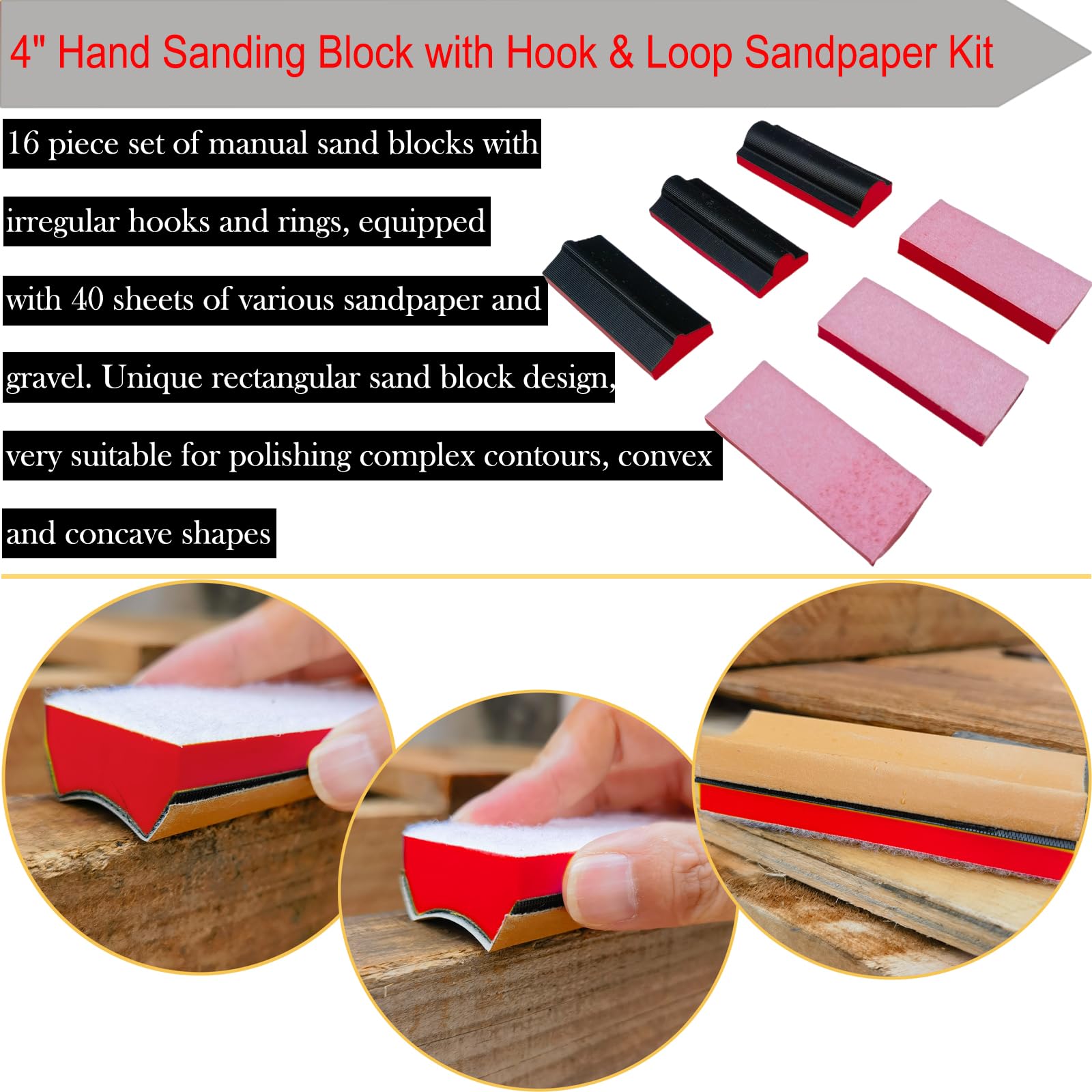 Juego de 16 bloques de lijado a mano rojos de 4 pulgadas + 40 piezas de papel de lijadora, perfil contorneado, material de espuma suave y duradero, intercambiable, formas convexas y cóncavas