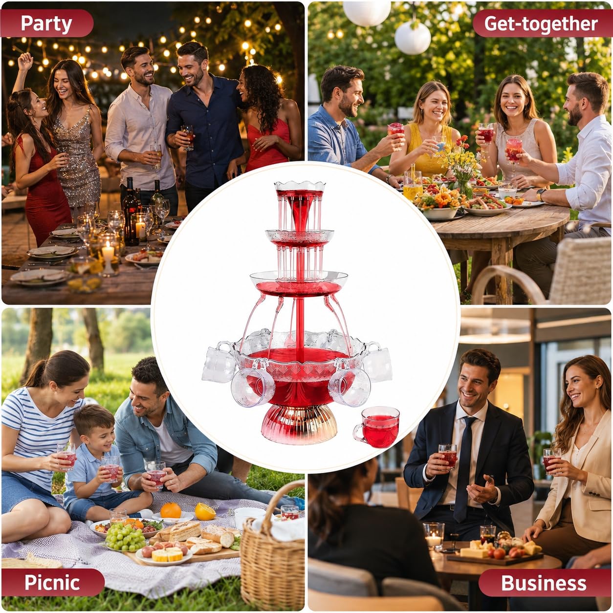 Fontana elettrica per cocktail con base a LED e 5 tazze per champagne, vino, birra e succhi di frutta, per feste e matrimoni