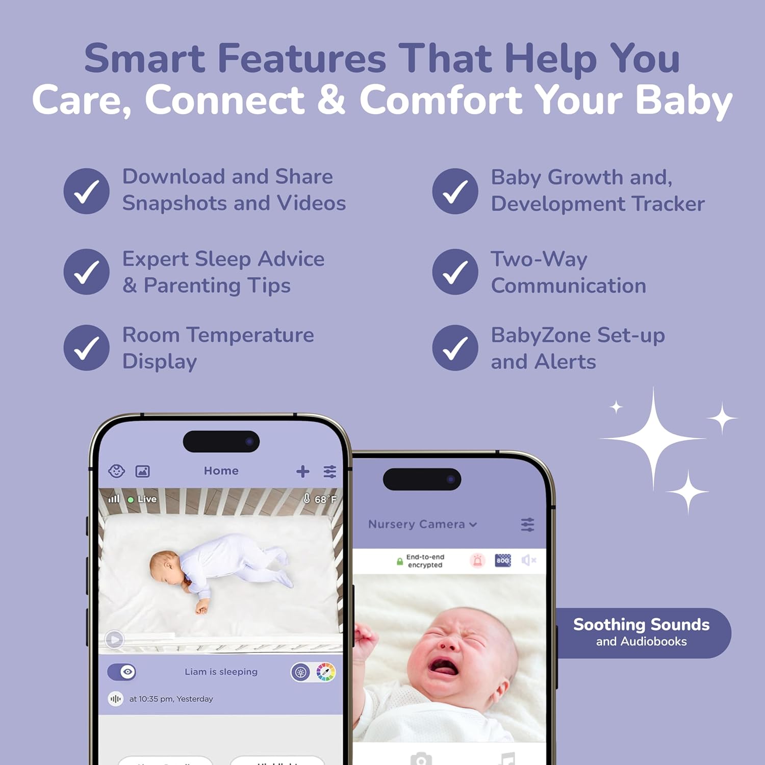 Smartphone screens showing the HubbleClub app interface with various smart features for baby care.