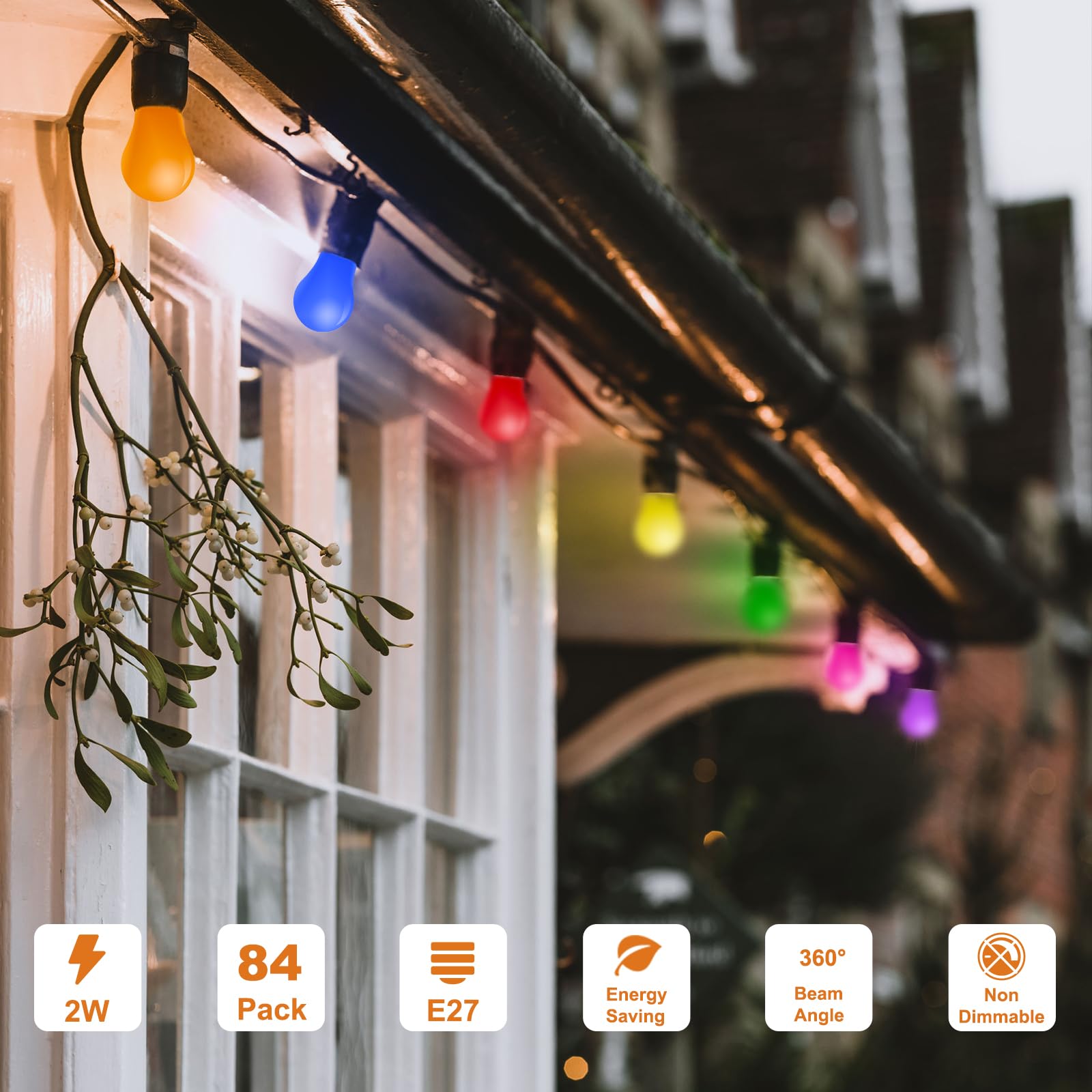 84er Pack Bunte Glühbirnen E27,2W Farbige Glühbirne E27 LED Birne,E27 LED Bunt für Lichterkette,Bunte Glühbirnen außen,Party,Weihnachten Deko,Rot Grün Blau Orange Gelb Rosa Violett