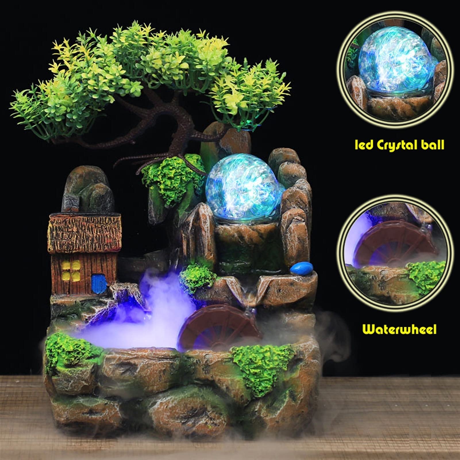 Fuente de Mesa Decorativa para Interior, Fuente de Agua con Cascada, de Resina, con iluminación LED, Feng Shui Zen, decoración para salón, Dormitorio, Oficina