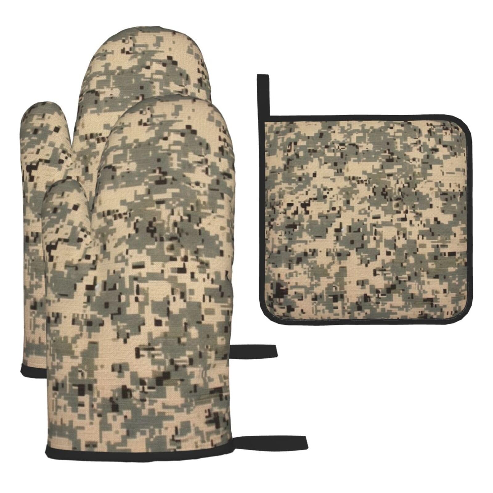 3 Piece Oven Mitts and Pot Holders Set Heat Resistant Oven Gloves and Potholders BBQ Gloves Hot Pads Army Digital Camouflage Cooking Gloves for Kitchen Baking Grilling