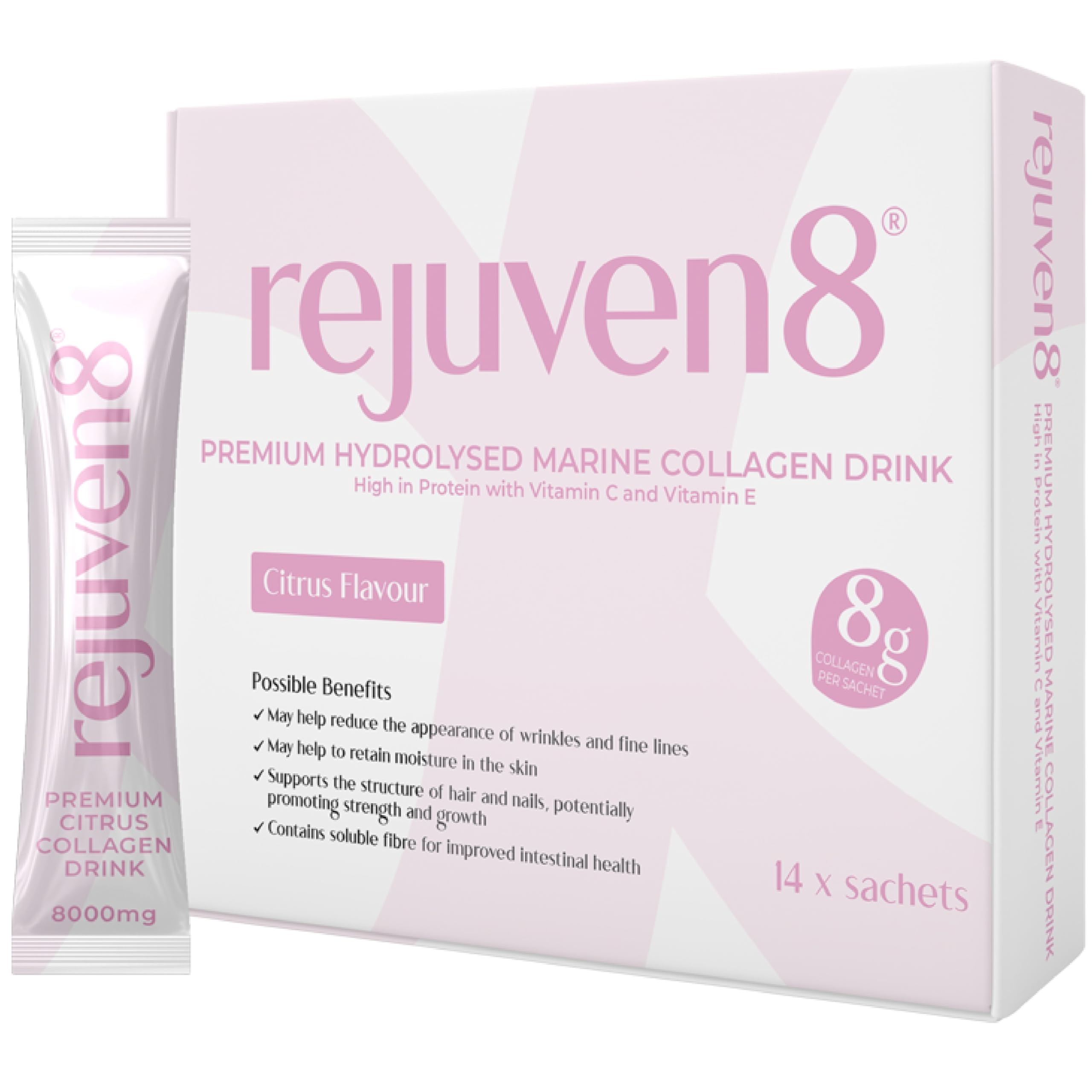 Rejuven8 Marine Collagen Sachets - 14 x 30ml - Citrus - 8000mg Hydrolysed Collagen and 8g Protein per Sachet - Vitamin C and E to Support Skin, Hair and Nails - Liquid Collagen Shots for Women