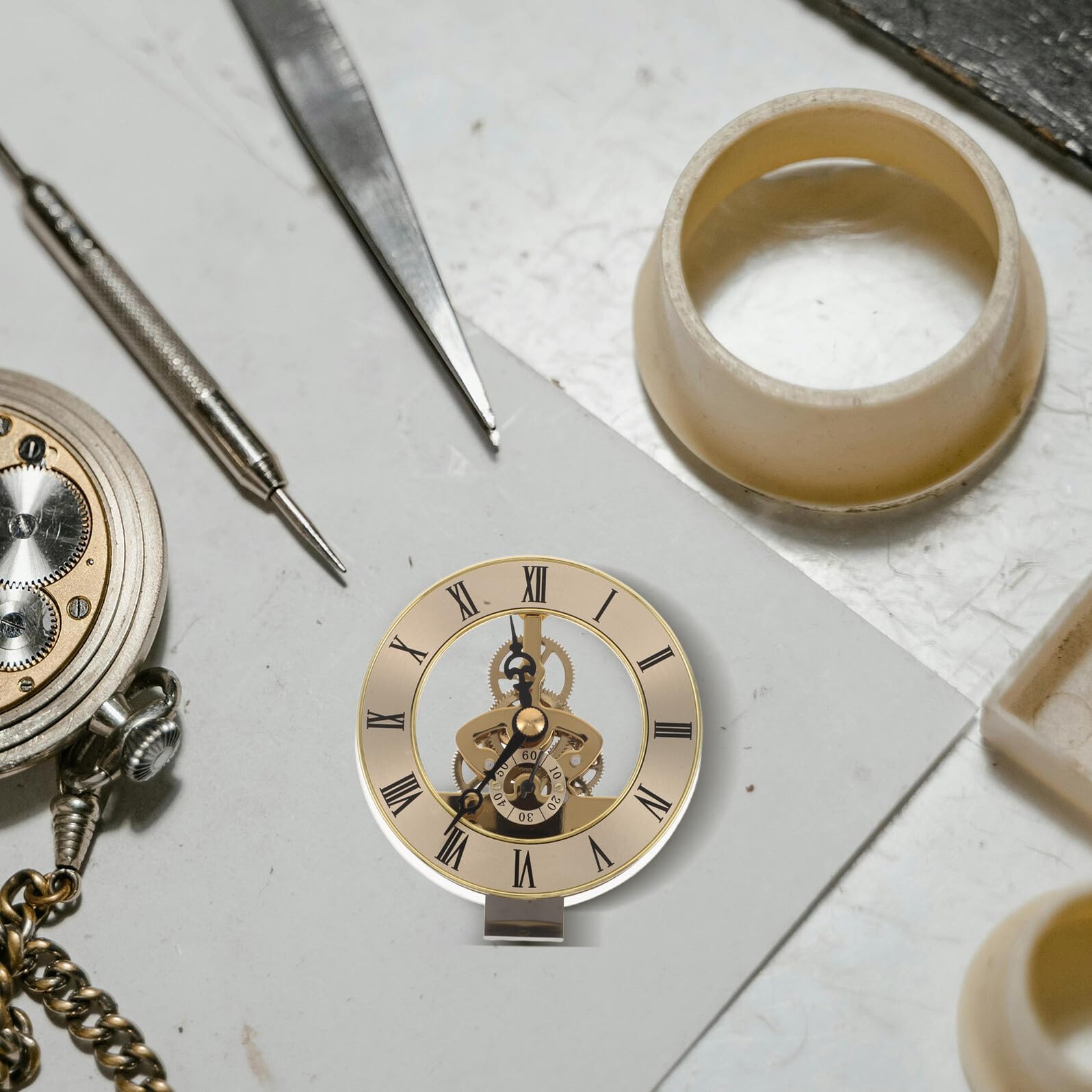Housoutil Rundes Quarz Uhrwerk Gold 95cm mit Römischen Ziffern Skelett Uhrwerk Metallrahmen Ersatzteil für Tisch und Wanduhren Selbstgemacht Uhrenbau