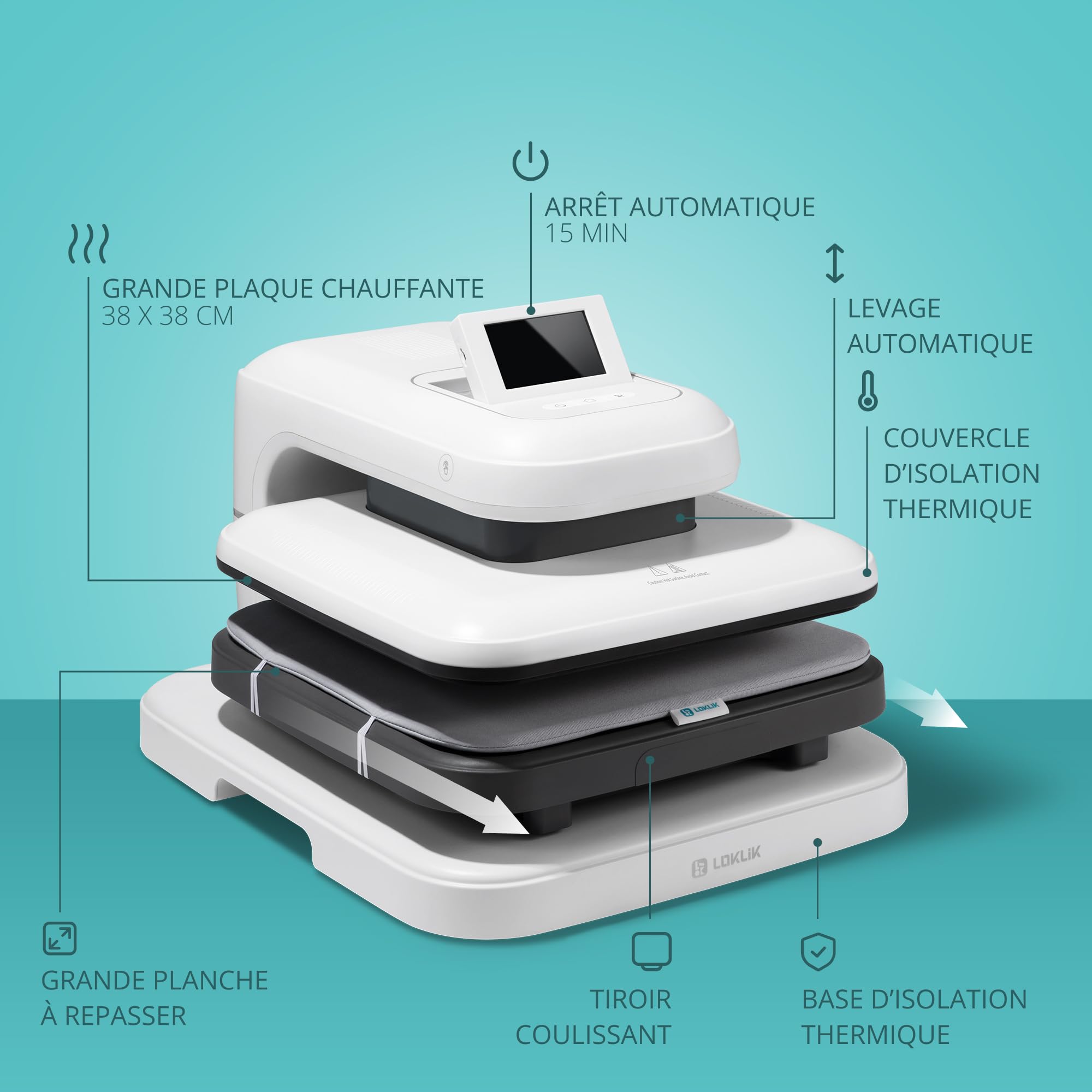 LOKLiK ImPress Auto Heat Press 2 - Presse à transfert automatique pour personnaliser des t-shirts, pulls, couvertures, serviettes, sacs et autres textiles - imprimante DTF - Sublimation (Blanche)