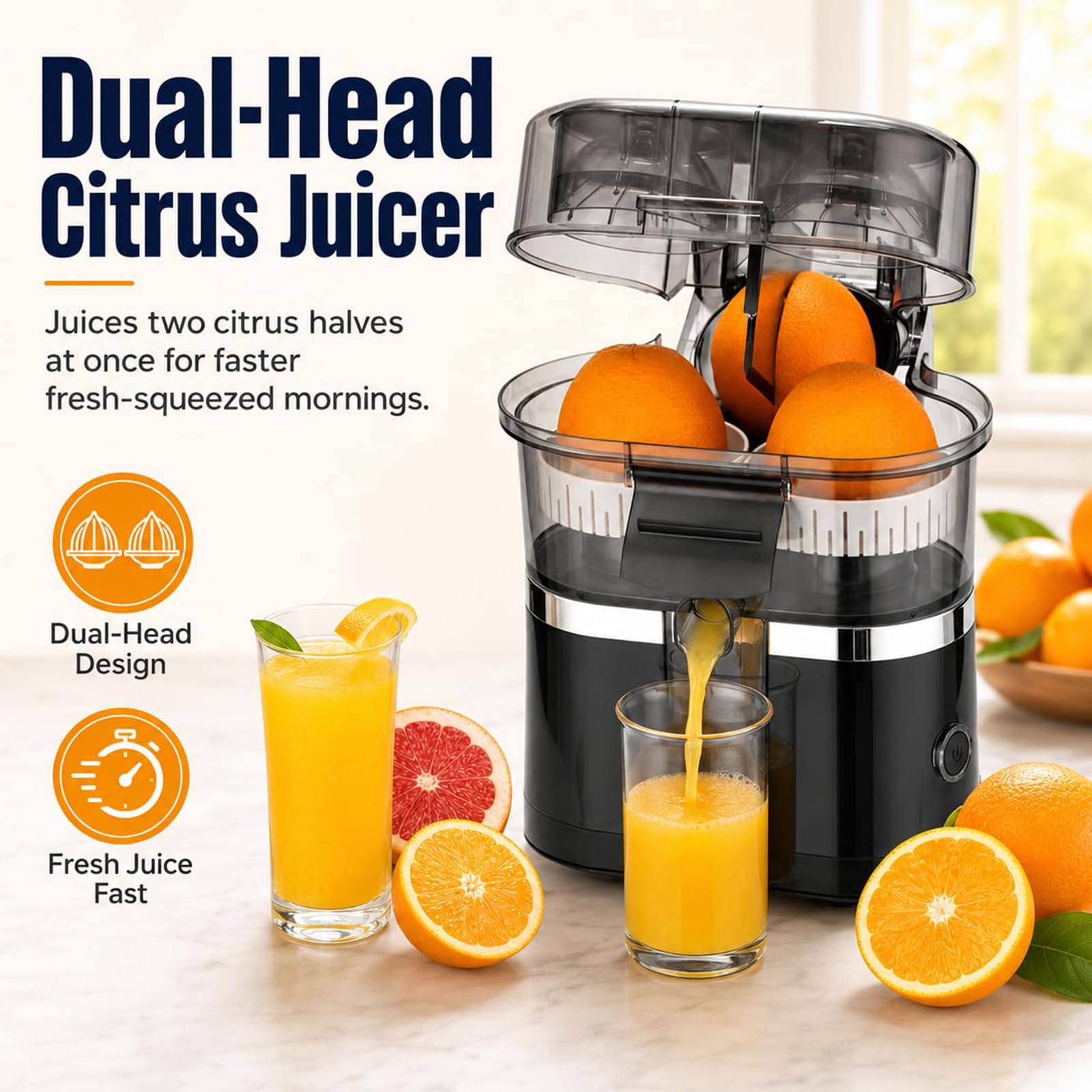 Exprimidor Eléctrico de Cítricos de Doble Cabezal, Exprimidor de Naranjas y Limones de 400ml con Motor de 18000RPM, Exprimidor Automático de 100W con Cortador de Frutas y Piezas Desmontables white