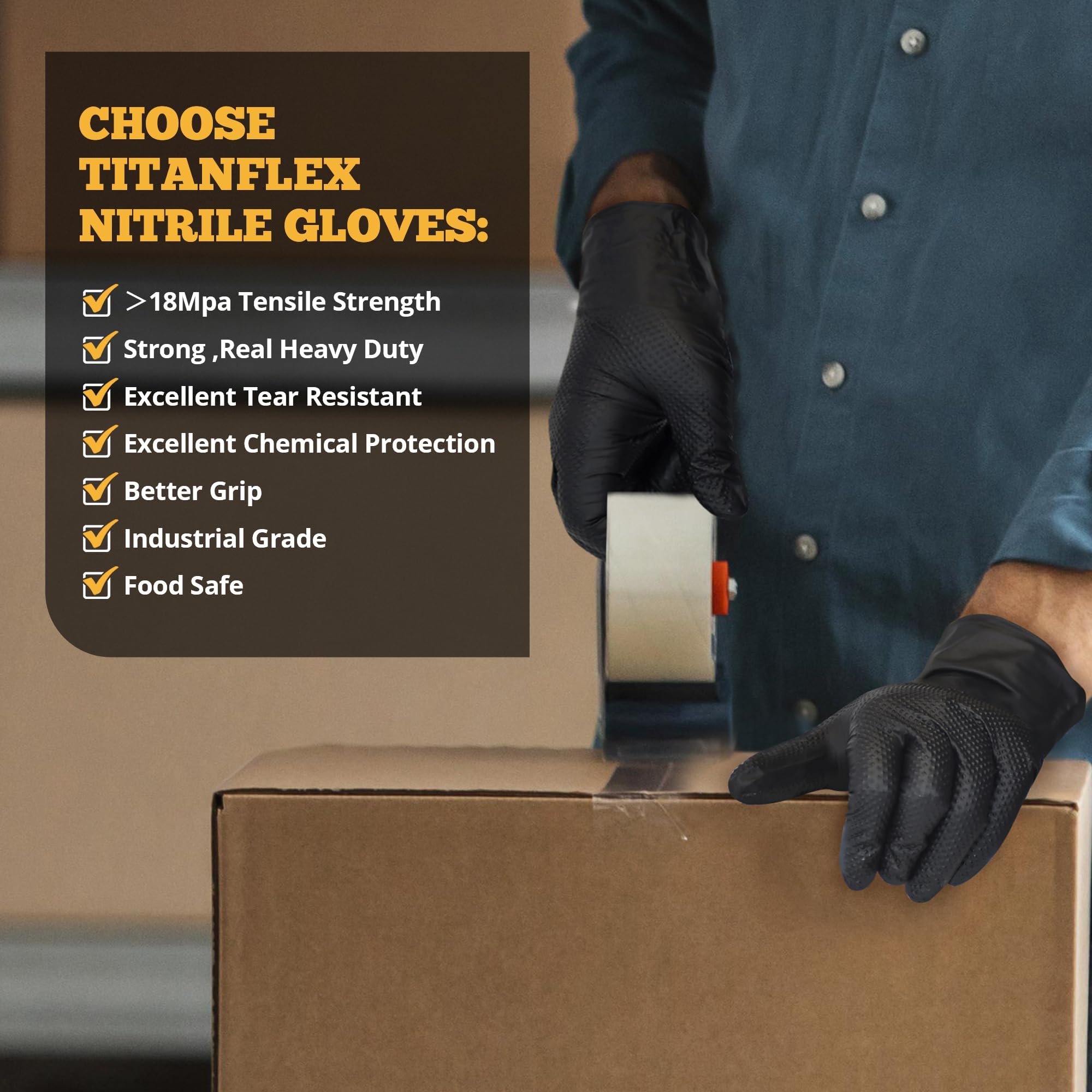 TitanFlex - Guantes de nitrilo negro resistentes, talla XL, guantes de trabajo industriales elevados con textura de diamante de 6 mil, desechables, sin látex, sin polvo, guantes desechables mecánicos