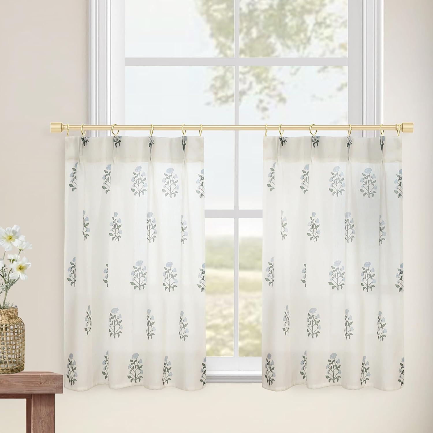 Lino Rosa Farmhouse Kitchen Curtains 36 Inch Length,Cafe Pinch Pleated Curtains,Blue and Green Block Print Vintage Boho Floral Linen Sheer Short Curtain for Small Window Cortinas para Cocina