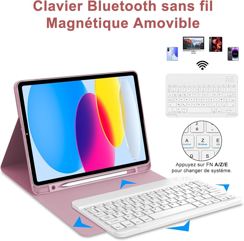 JADEMALL iPad 10. generáció billentyűzetes tok AZERTY francia Bluetooth leválasztható