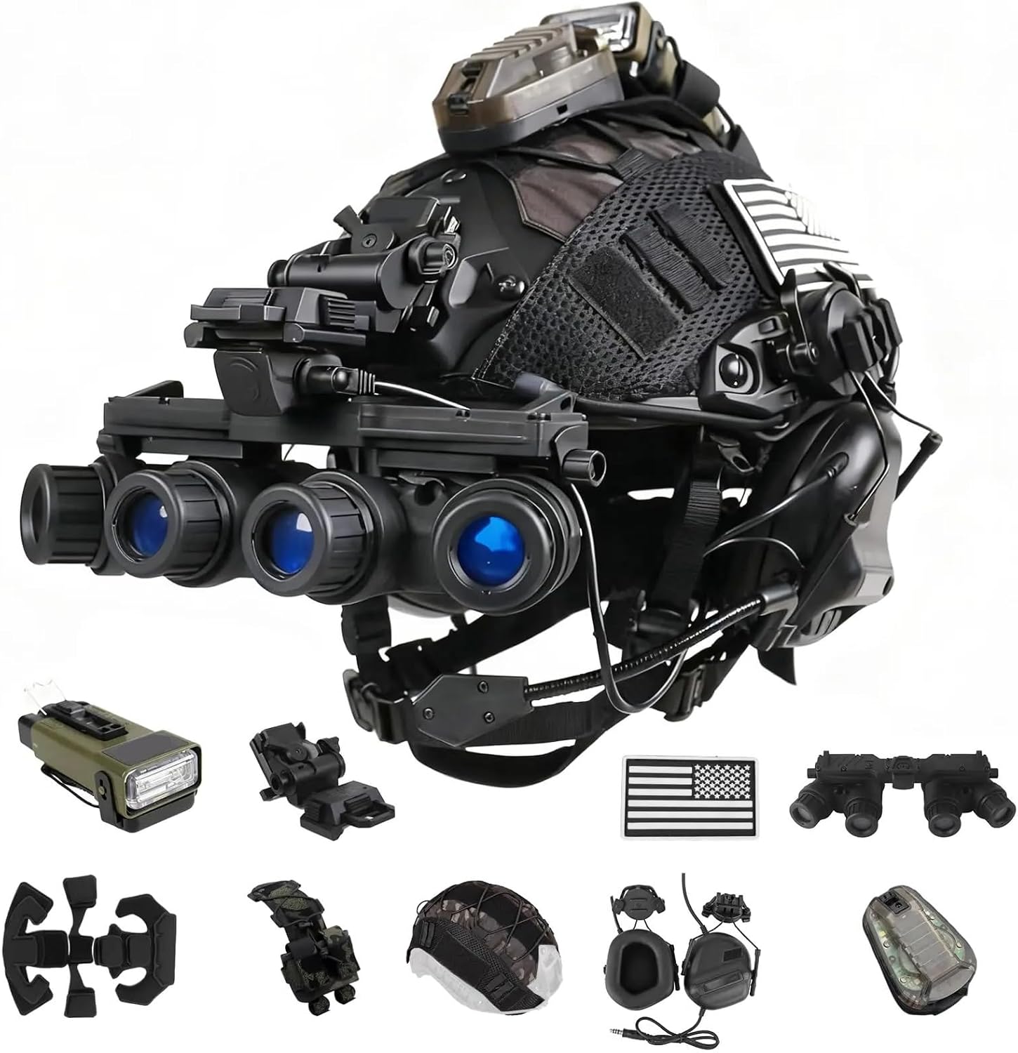 Tactical Helmet Set with Noise Reduction Headset Flashlight and Goggles for Airsoft Paintball Protective Everyday Carry Gear