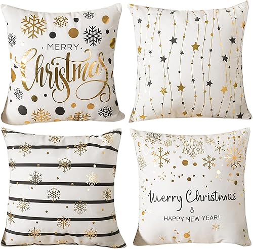 Miniatura 1 de HOSTECCO Juego de 4 fundas de almohada navideñas de 18 x 18 pulgadas, fundas de almohada geométricas de copo de nieve, fundas de cojín decorativas