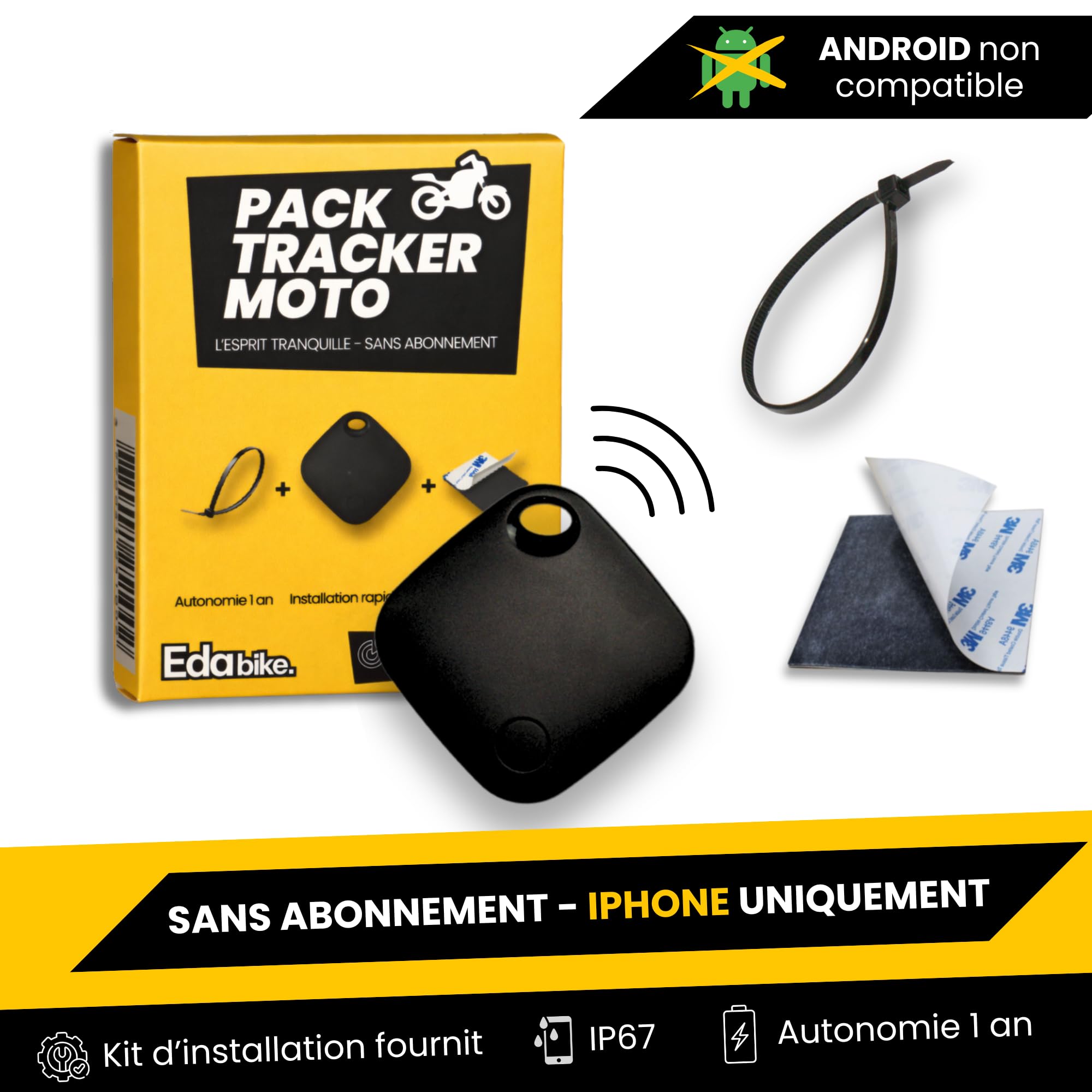 Pack Tracker Moto sans Abonnement – l'esprit Tranquille Eda Bike – Traceur Moto Discret – Pile Remplaçable 12 Mois – Kit d’Installation Inclus – Compatible iOS
