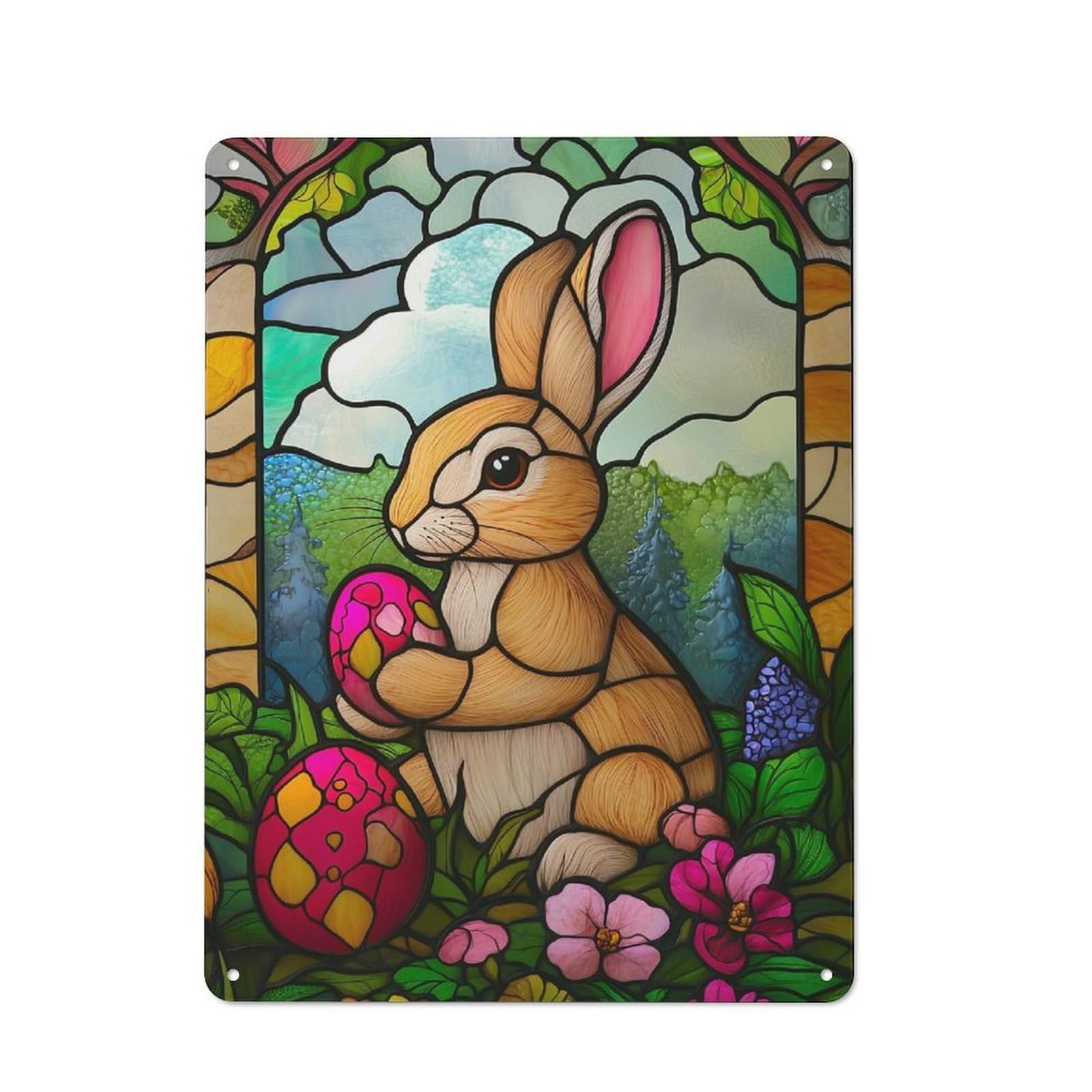 Junmoney Stained Glass Easter Bunny Tin Wall Plaque 40X30cm With For Man Cave Or Games Room, A Housewarming Gift For Leisure-Room Decor Enthusiasts