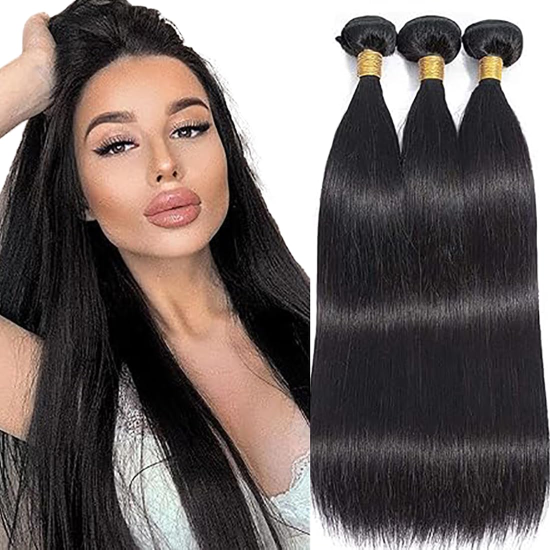 Echthaar Tressen Bündel Straight Human Hair Extension 3 Bundles Unprocessed Remy Haartressen Double Weft #1B Natural Black Color for Woman 30 32 34 Inch