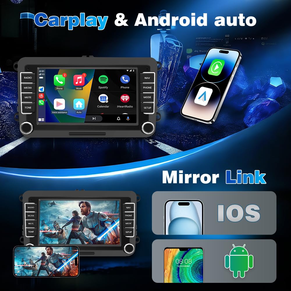 [3s Démarrage] Junsun Autoradio 7" Carplay pour VW Golf 5 6 Polo, CarPlay & Android Auto sans Fil, Bluetooth, FM Radio, DSP, 4x45W, Caméra Recul Dyn.