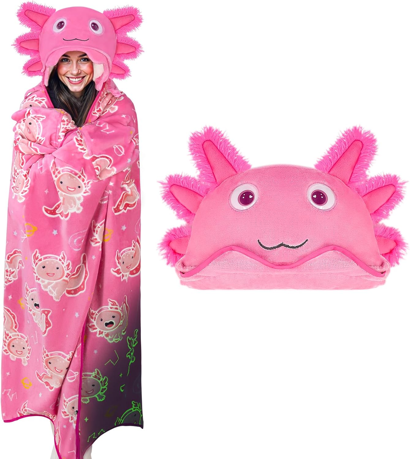Axolotl Wearable Blanket Hoodie for Adults & Kids, Glow in the Dark Hooded Blanket, Soft Plush Flannel Oversized Pink Throw Wrap With Giant Hood, Axolotl Gifts for Women Girls Birthday Christmas