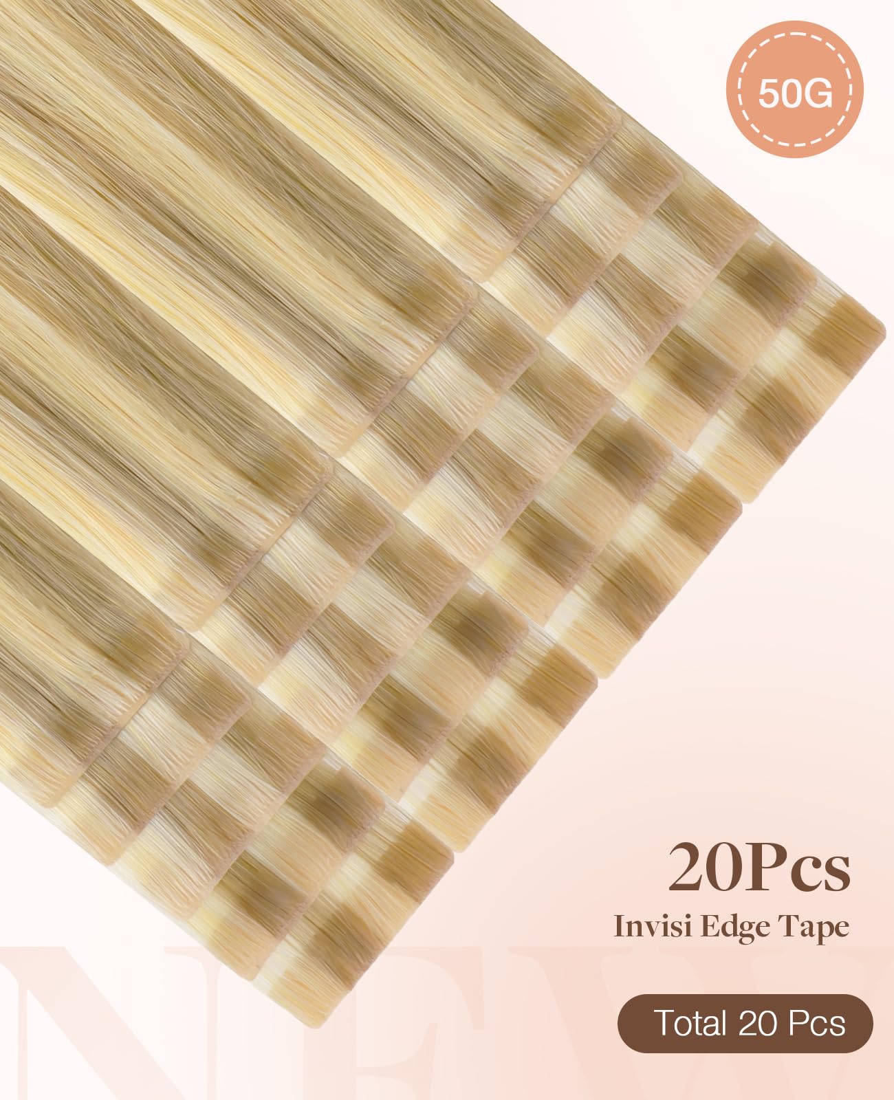GOO GOO Invisi przedłużki do włosów metodą tape in, 20 sztuk, 50 g, bezszwowe wstrzykiwane, 16/22, jasny blond, rozjaśniony złoty blond
