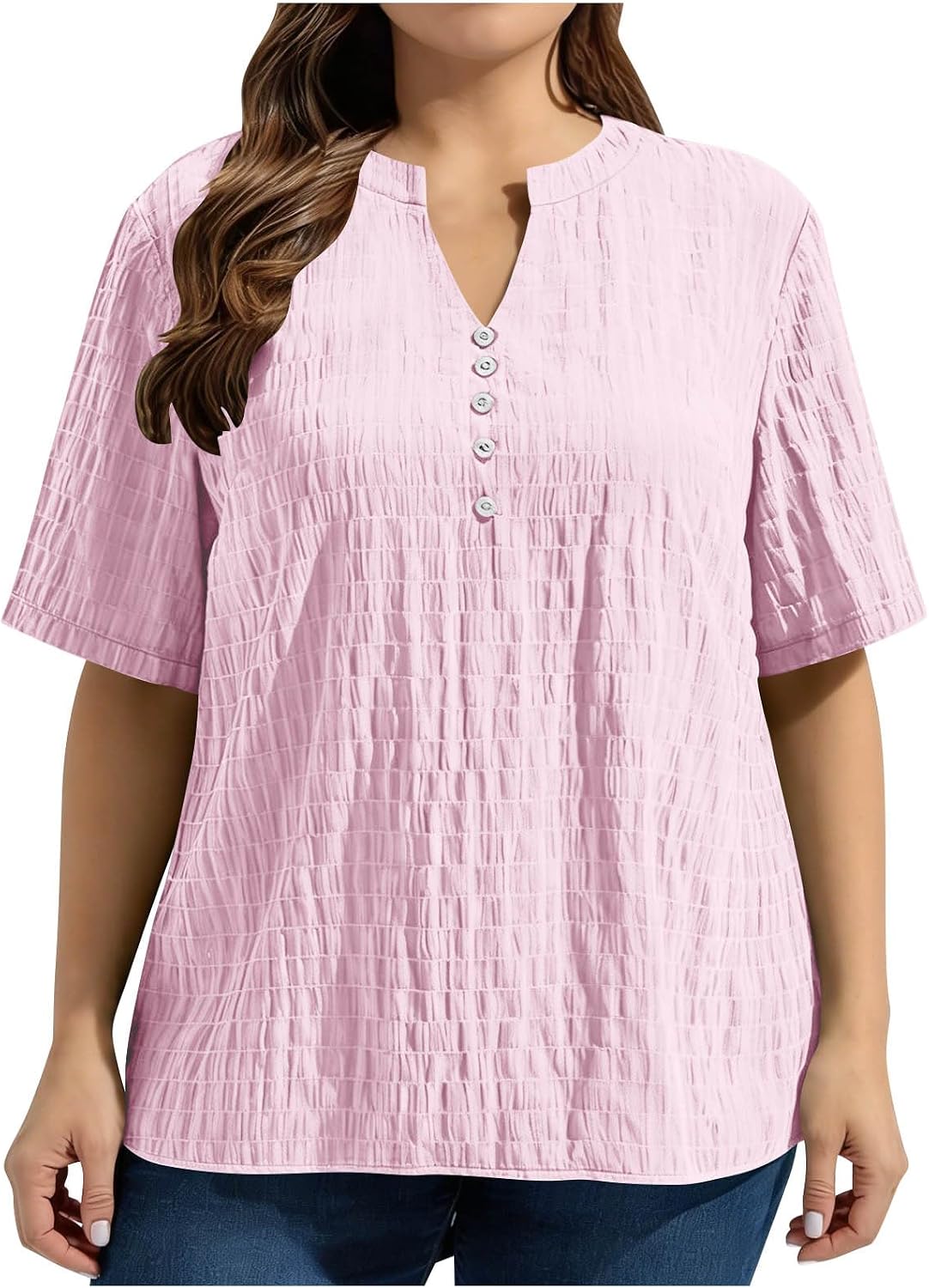Ladies Plus Size V Neck Blouses Casual Button Henley Tunic Tops for Fat Women Short Sleeve Loose T Shirts