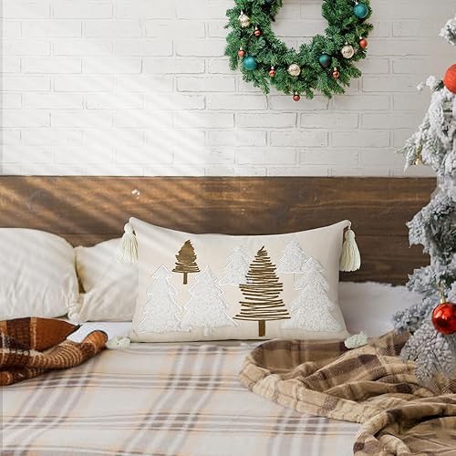 Miniatura 2 de Fundas de almohada de Navidad, 12 x 20 pulgadas, 1 unidad suave de terciopelo de pellets bordados de árboles marrón y blanco, funda de almohada