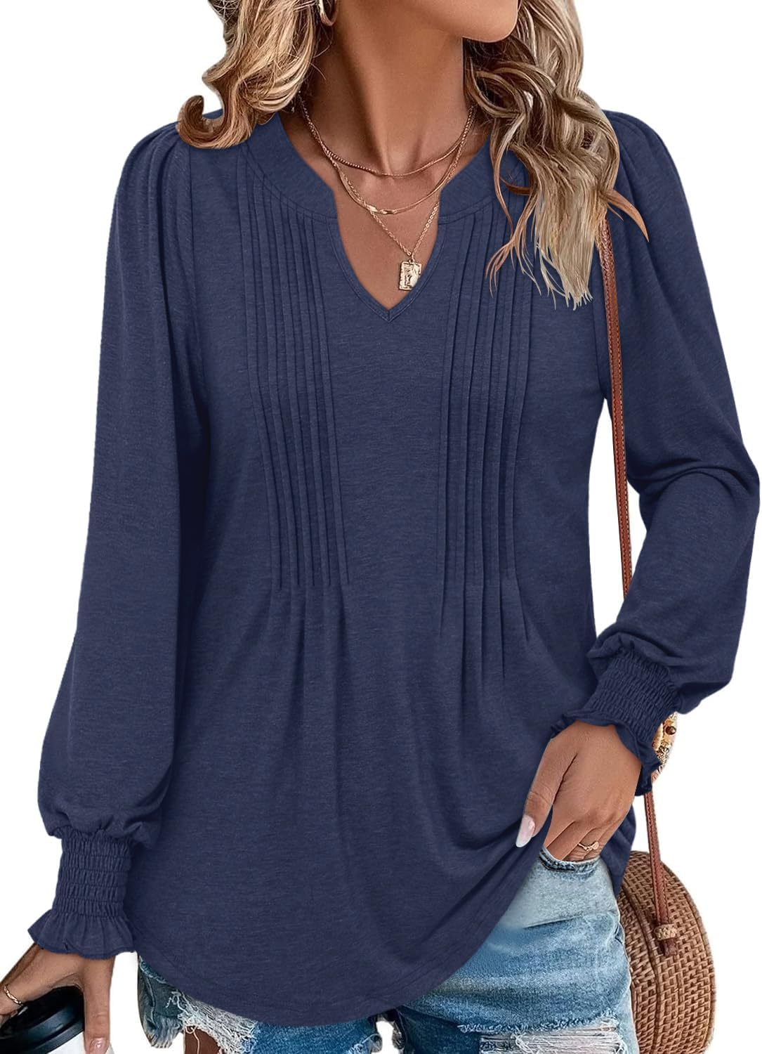 BETTE BOUTIK Long Sleeve Shirts for Women Fall Tops Dressy Blouses Pleated V Neck Tunic Tops for Leggings S-3XL